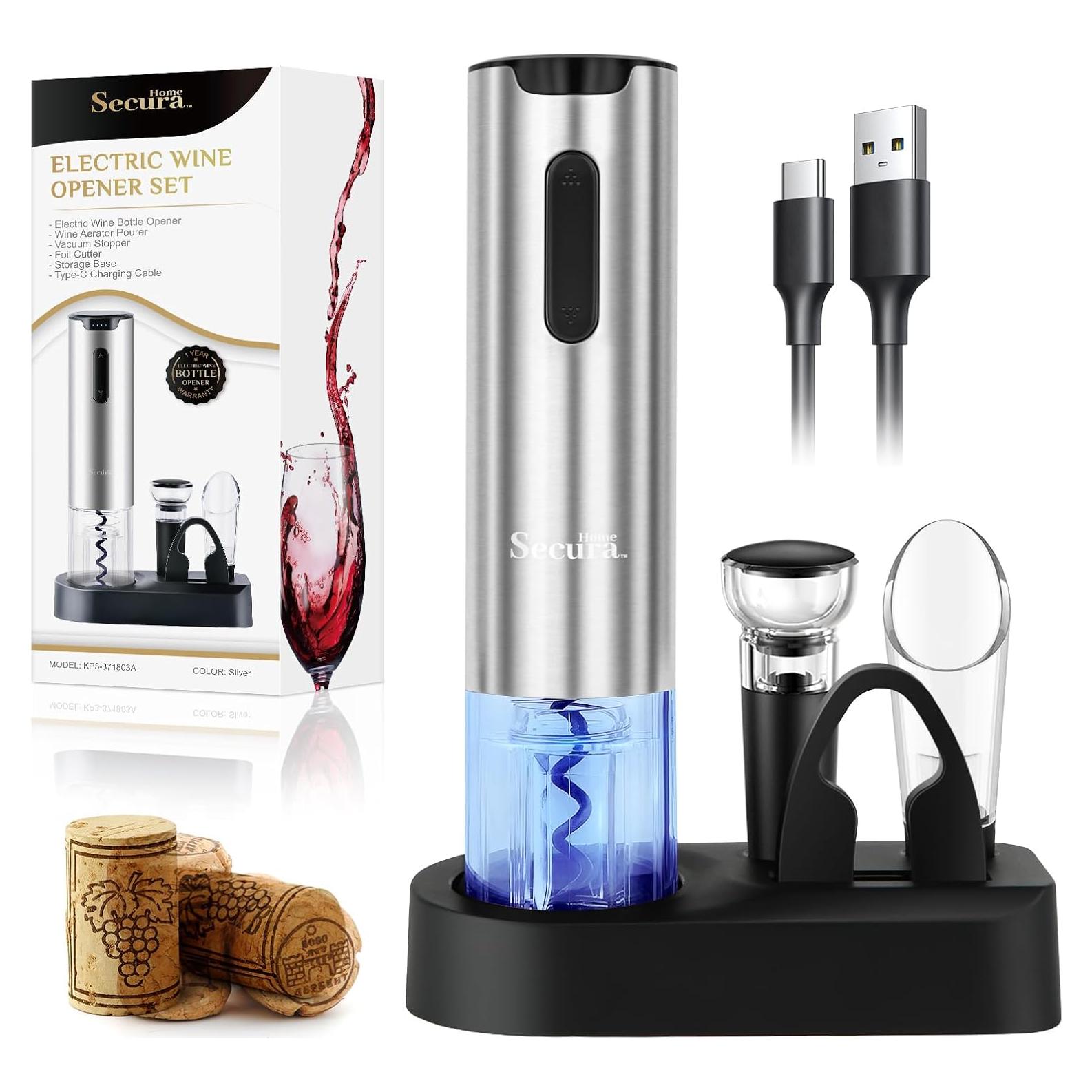 Set de abridor de vino eléctrico Secura 4 en 1 plateado