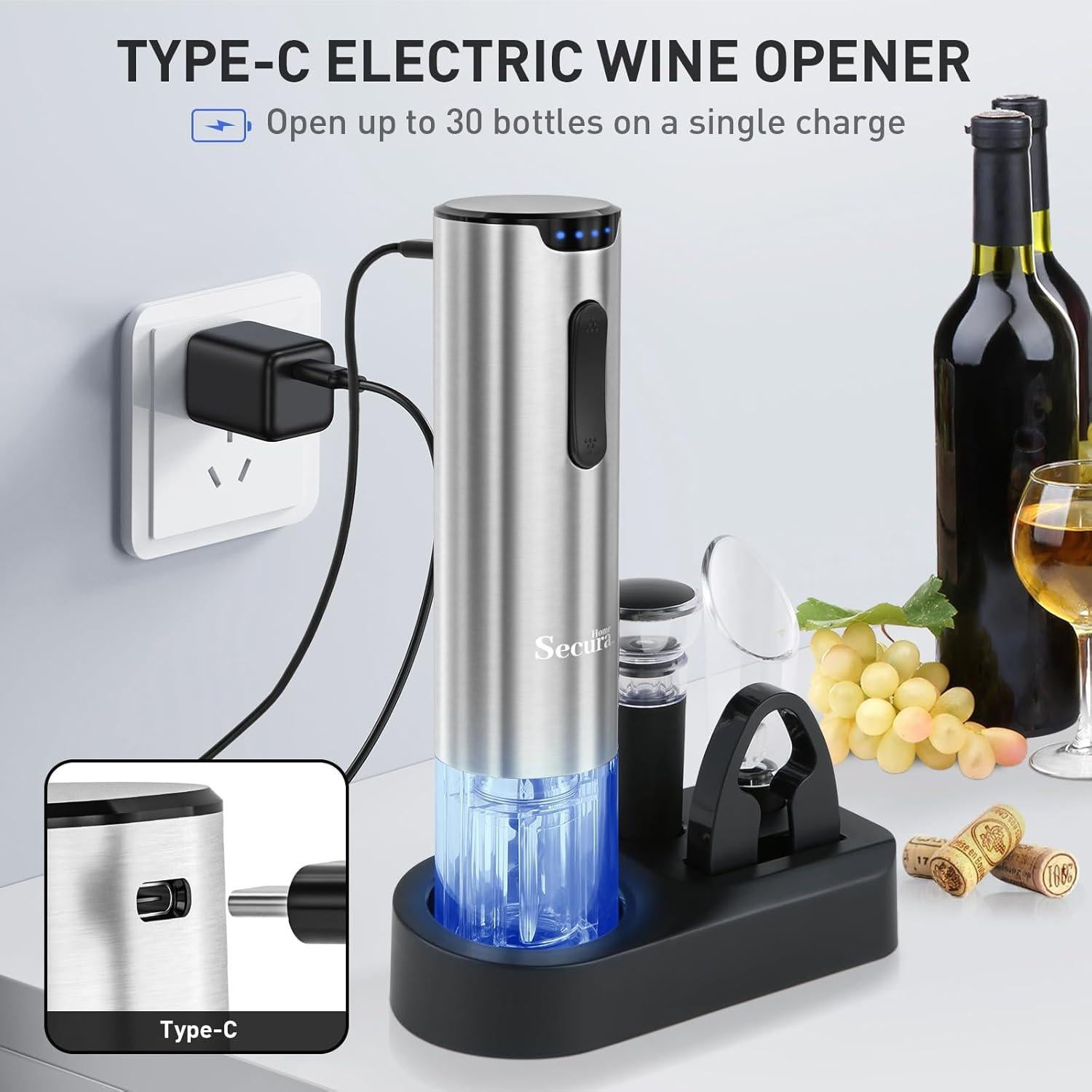 Set de abridor de vino eléctrico Secura 4 en 1 plateado