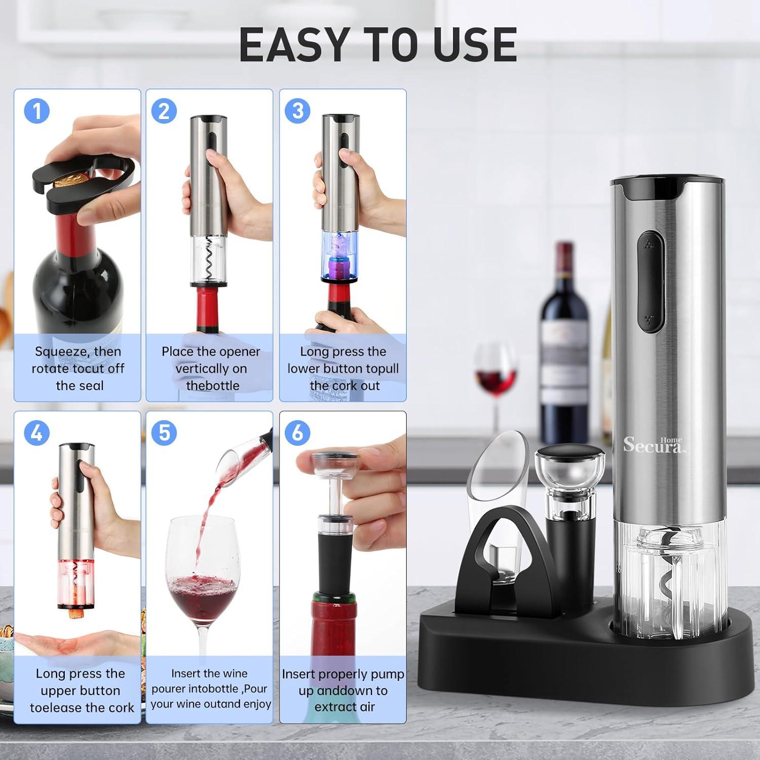 Set de abridor de vino eléctrico Secura 4 en 1 plateado