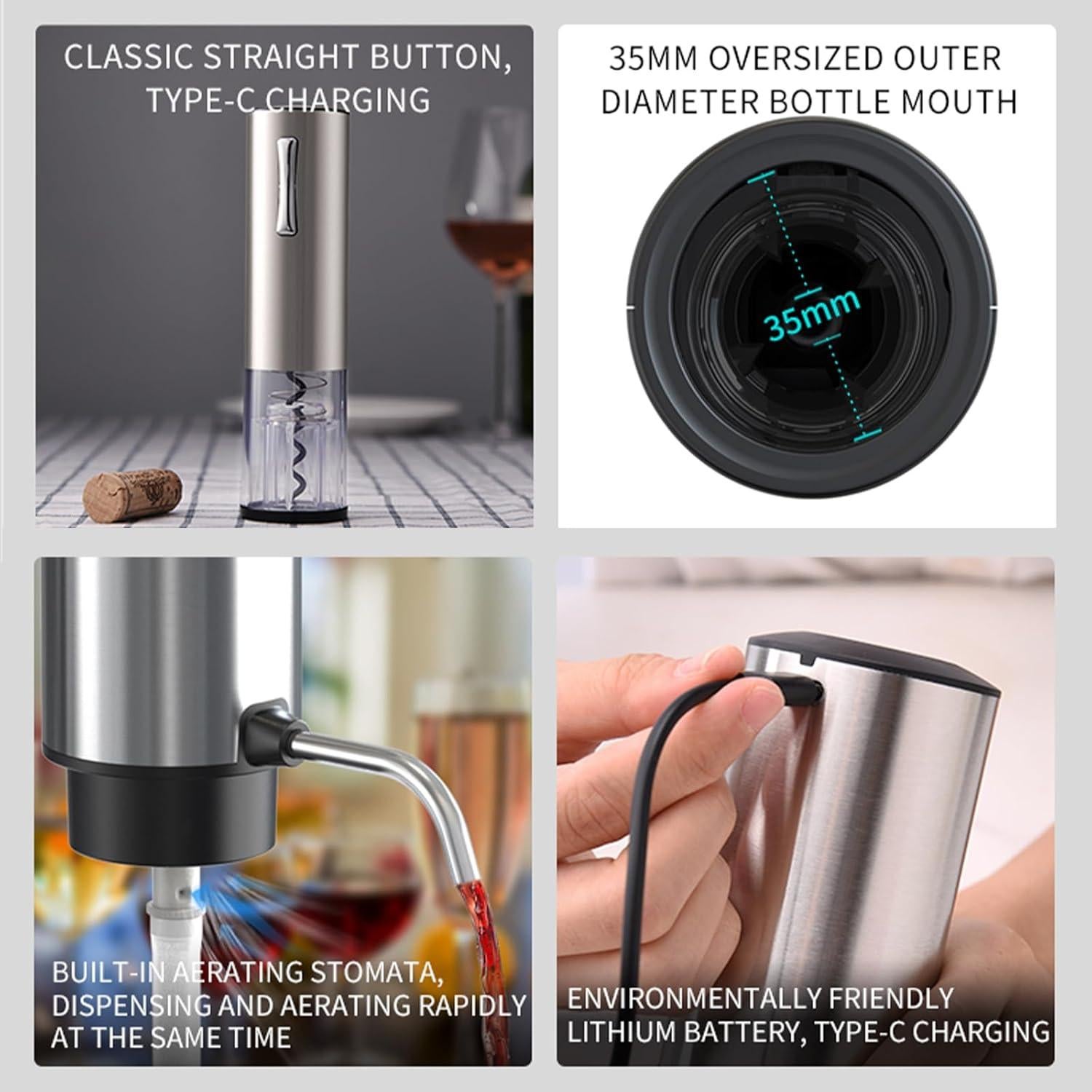 Juego de Abridores de Vino Eléctricos KIEKRO 4 en 1 Plata