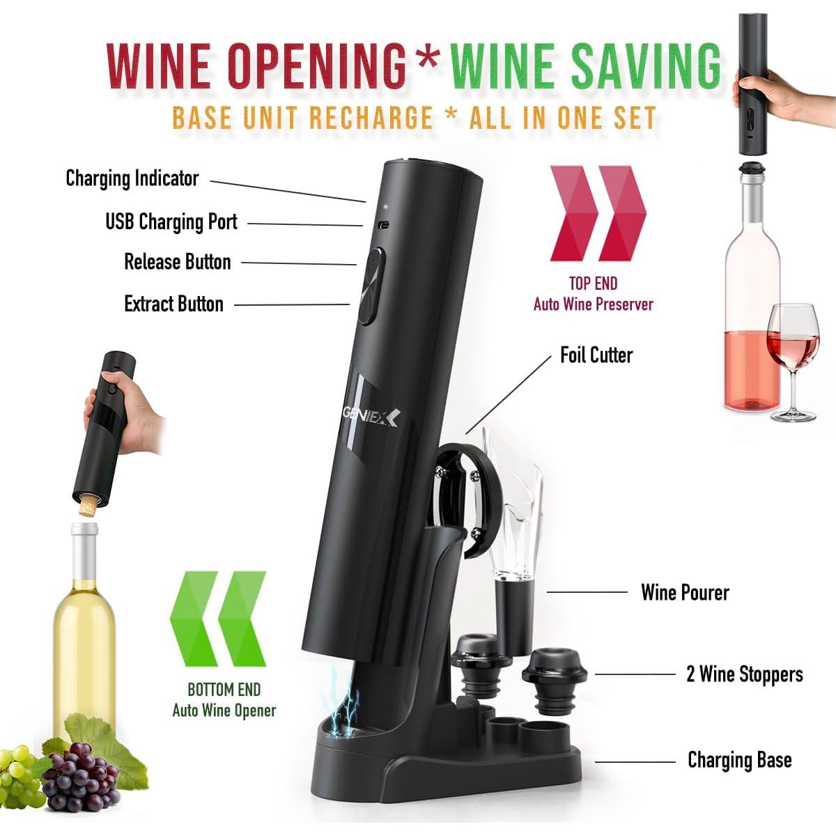 Abridor de Vino Eléctrico GenieX 6-en-1 con Base de Carga