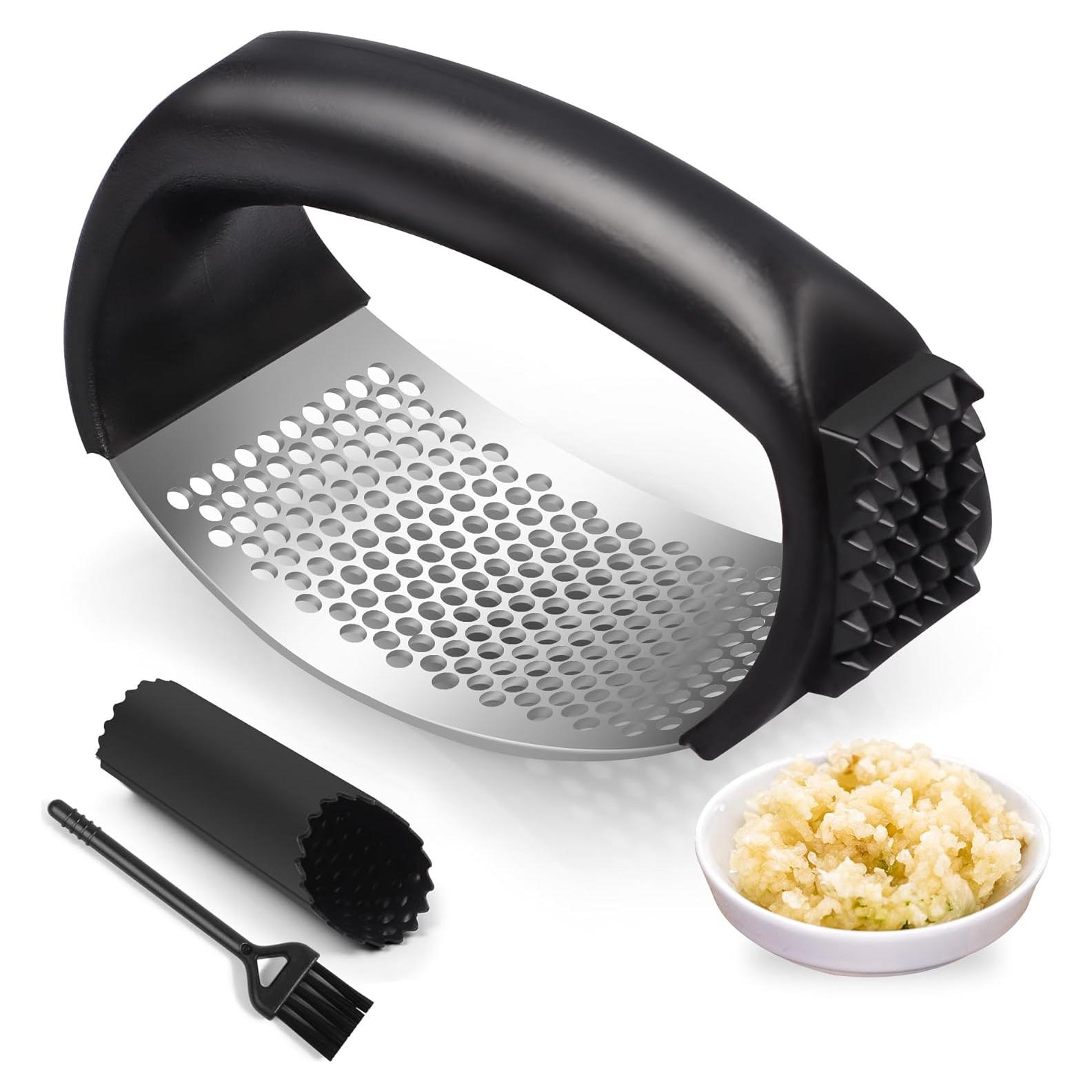 Prensa de Ajo Pomyter de Acero Inoxidable con Pelador y Cepillo