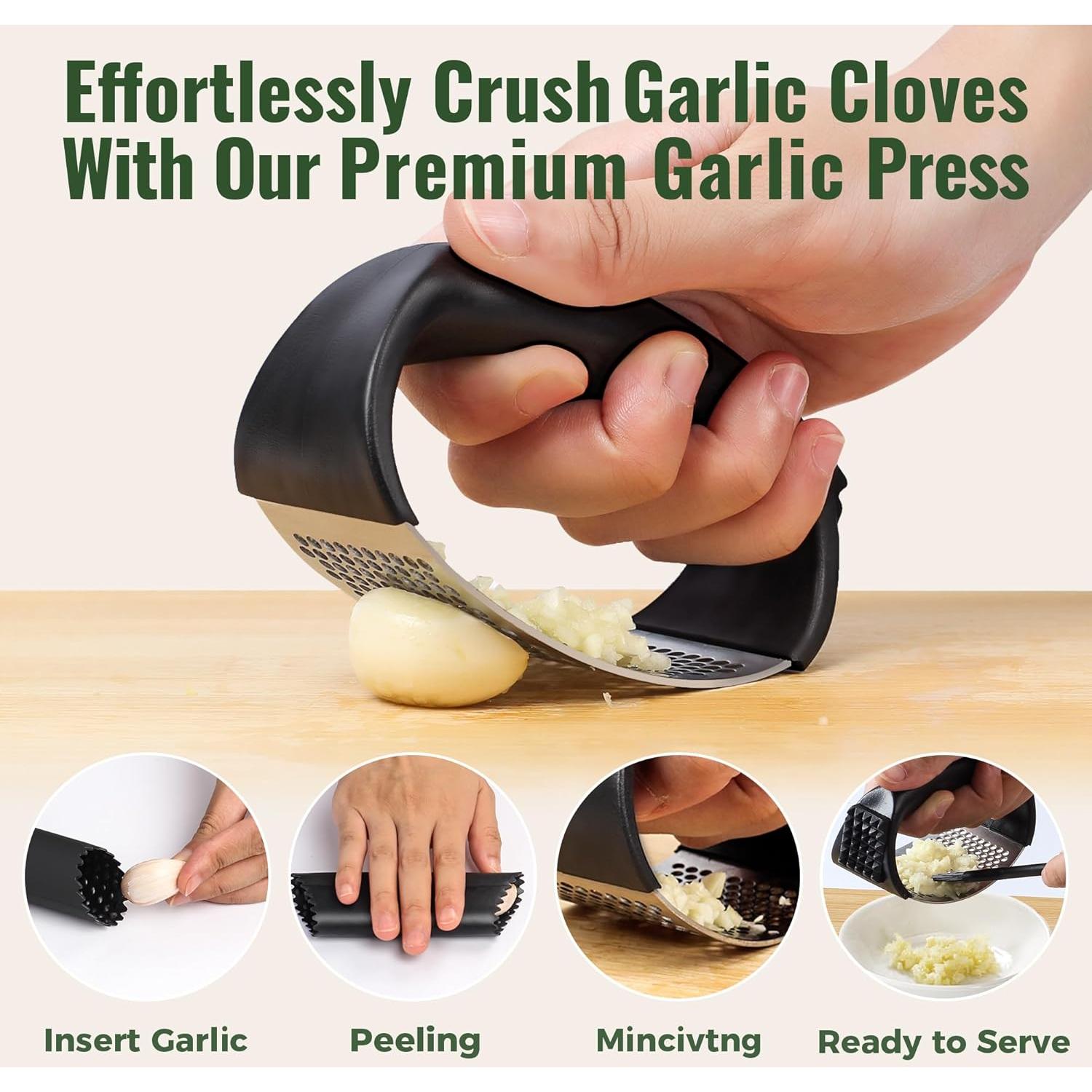 Prensa de Ajo Pomyter de Acero Inoxidable con Pelador y Cepillo