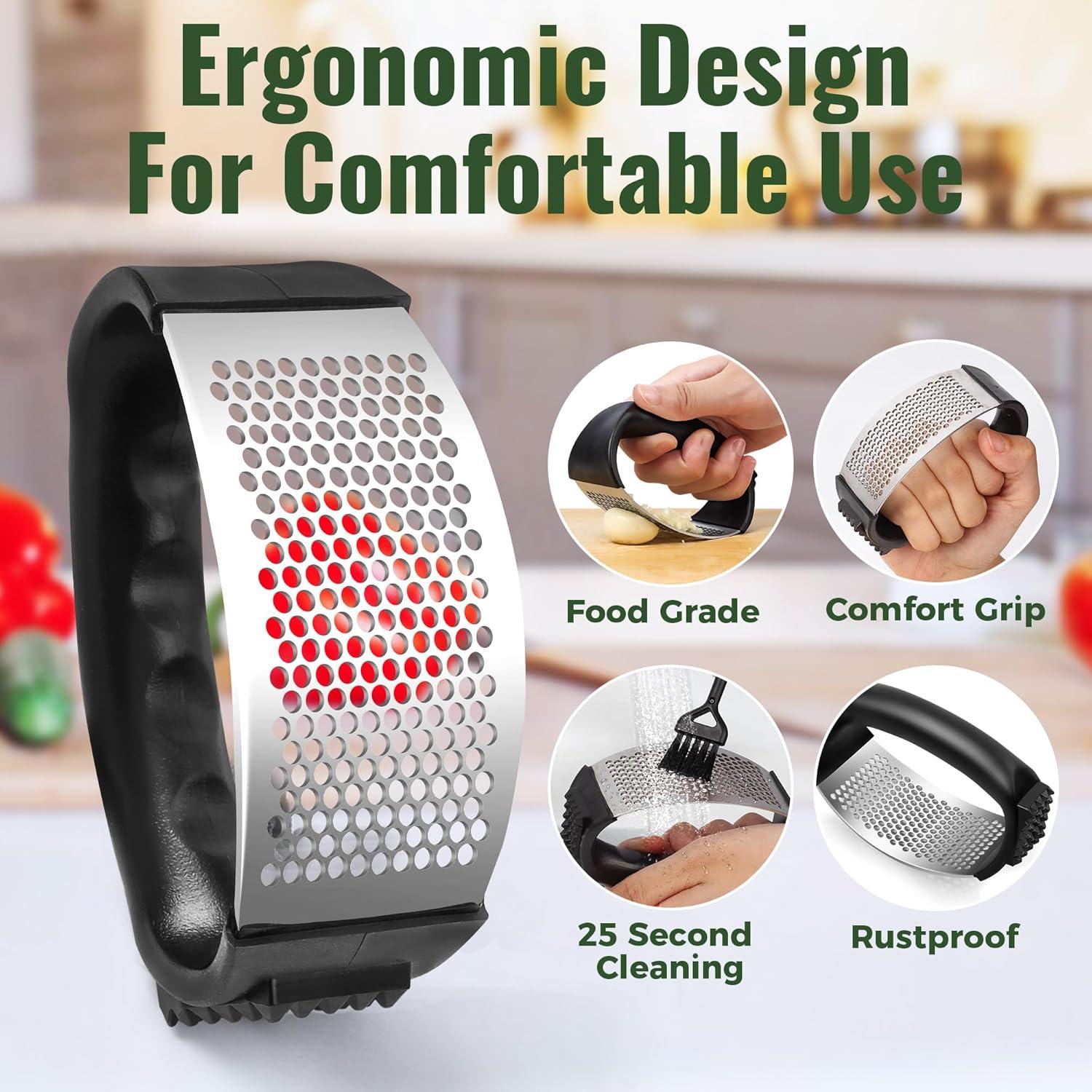 Prensa de Ajo Pomyter de Acero Inoxidable con Pelador y Cepillo