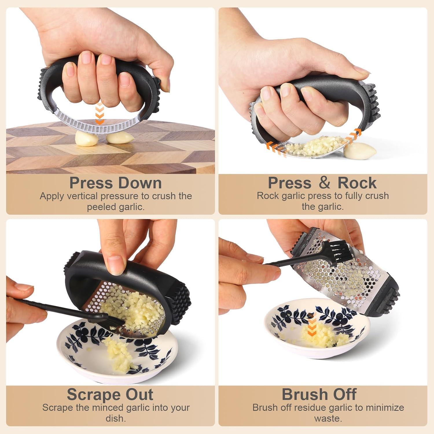 Prensa de Ajo OERAIDIM de Acero Inoxidable con Pelador y Cepillo