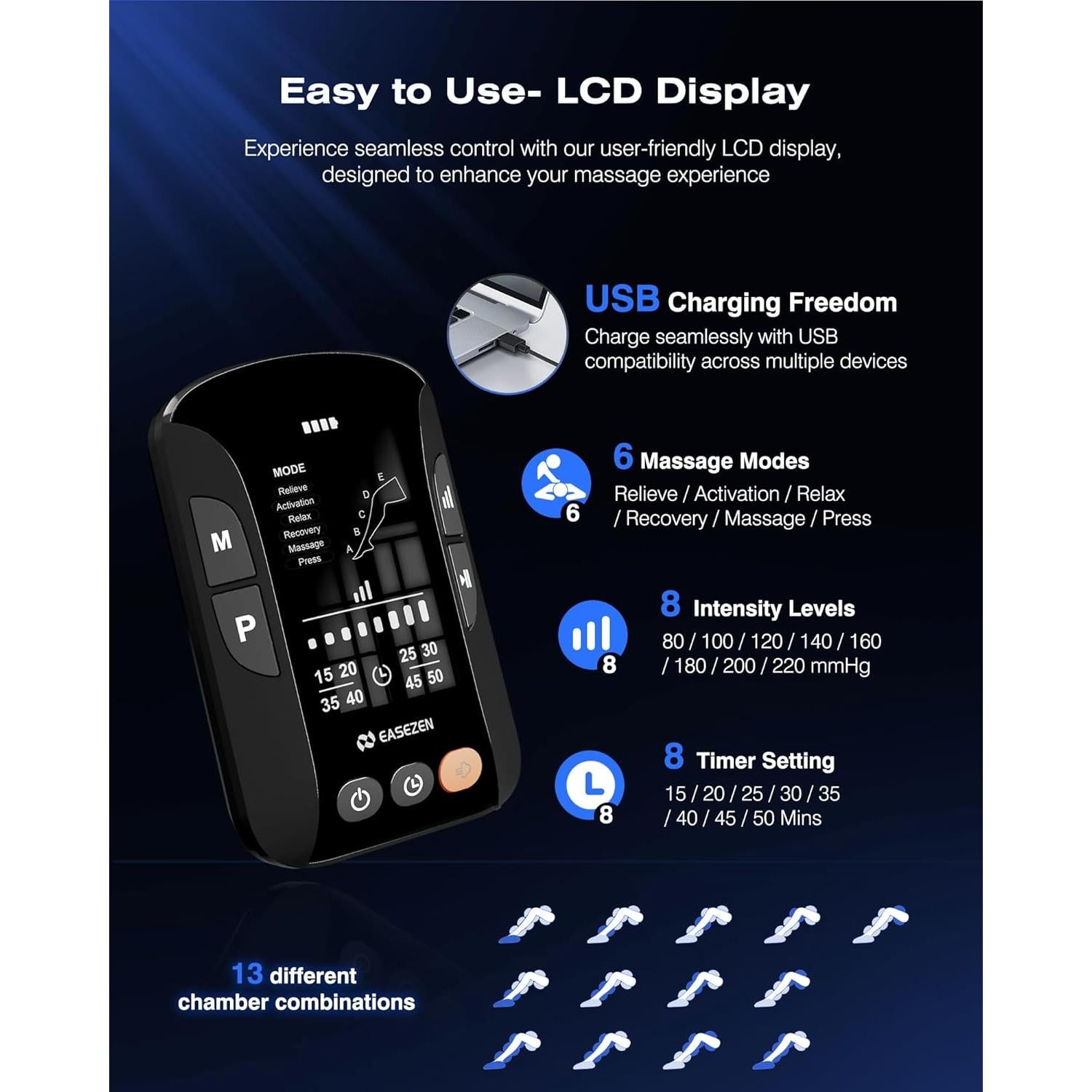 Masajeador de Piernas Inalámbrico EaseZen 5 Cámaras Alivio Dolor