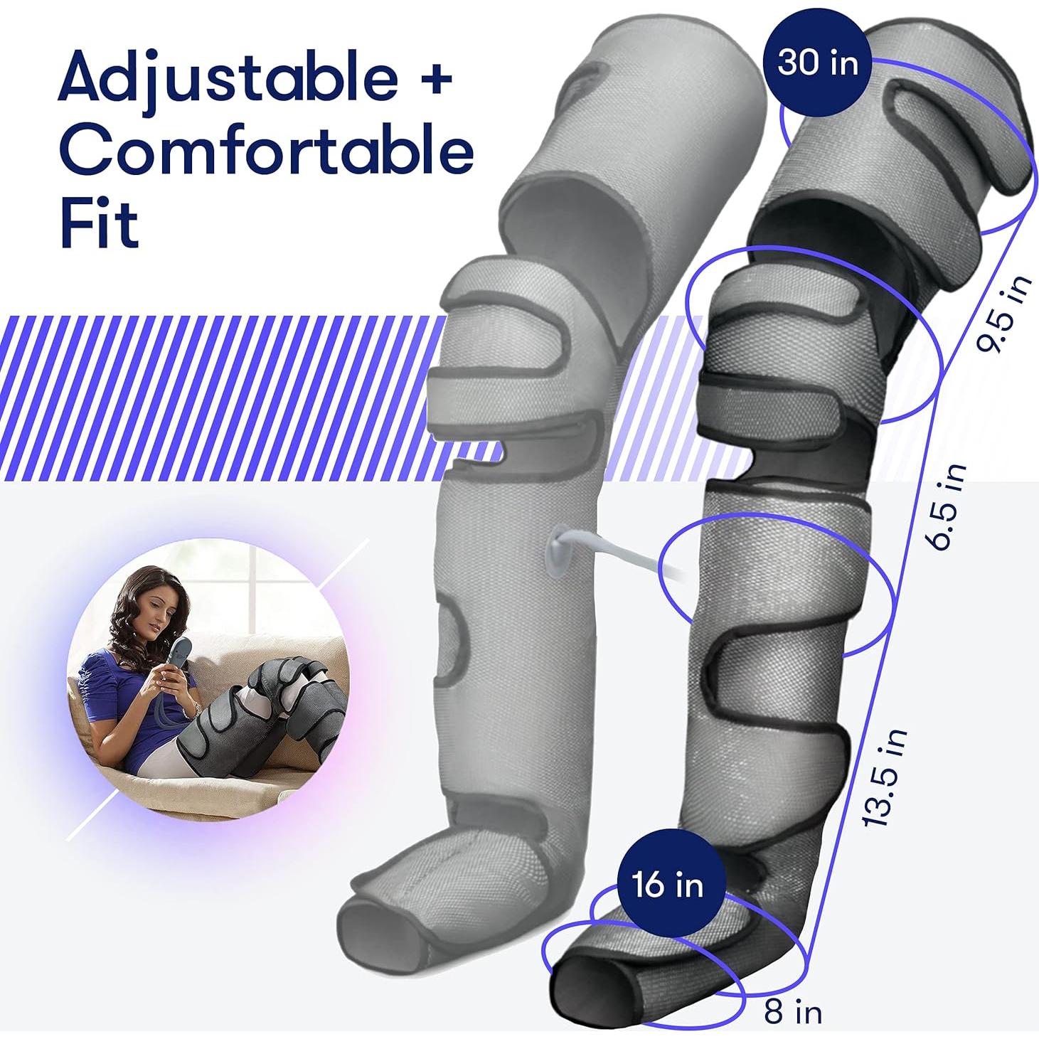 Leg Massager with Heat & Air Compression - Adjustable Feet & Calves Massager with 3 Pressure Levels & 7 Modes, Large Knee, Gray