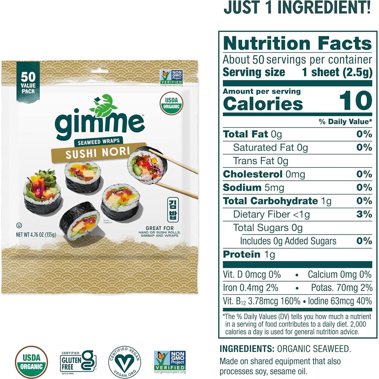 Gimme Algas Sushi Nori Orgánico 50 Hojas Premium Sin Gluten
