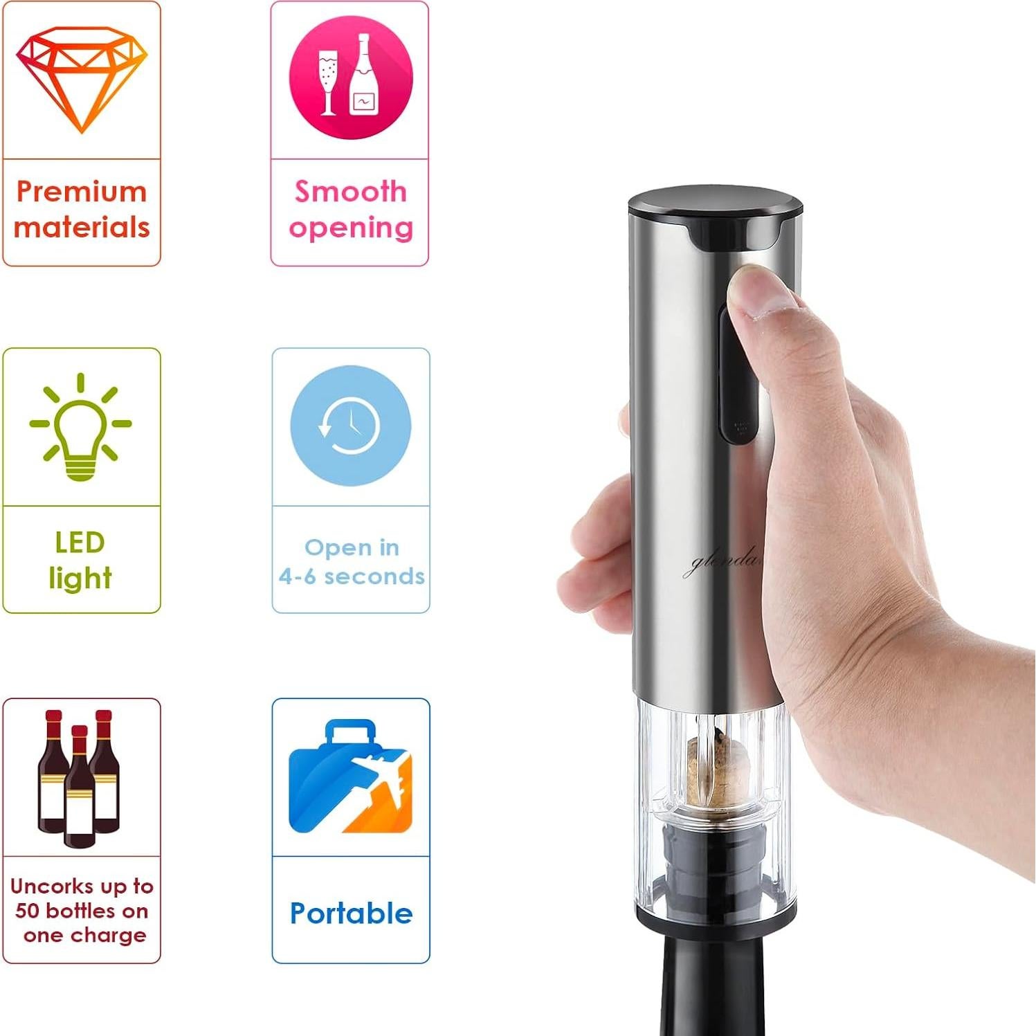 Juego de Abridor de Vino Eléctrico Glendaveny 7 en 1 Plateado