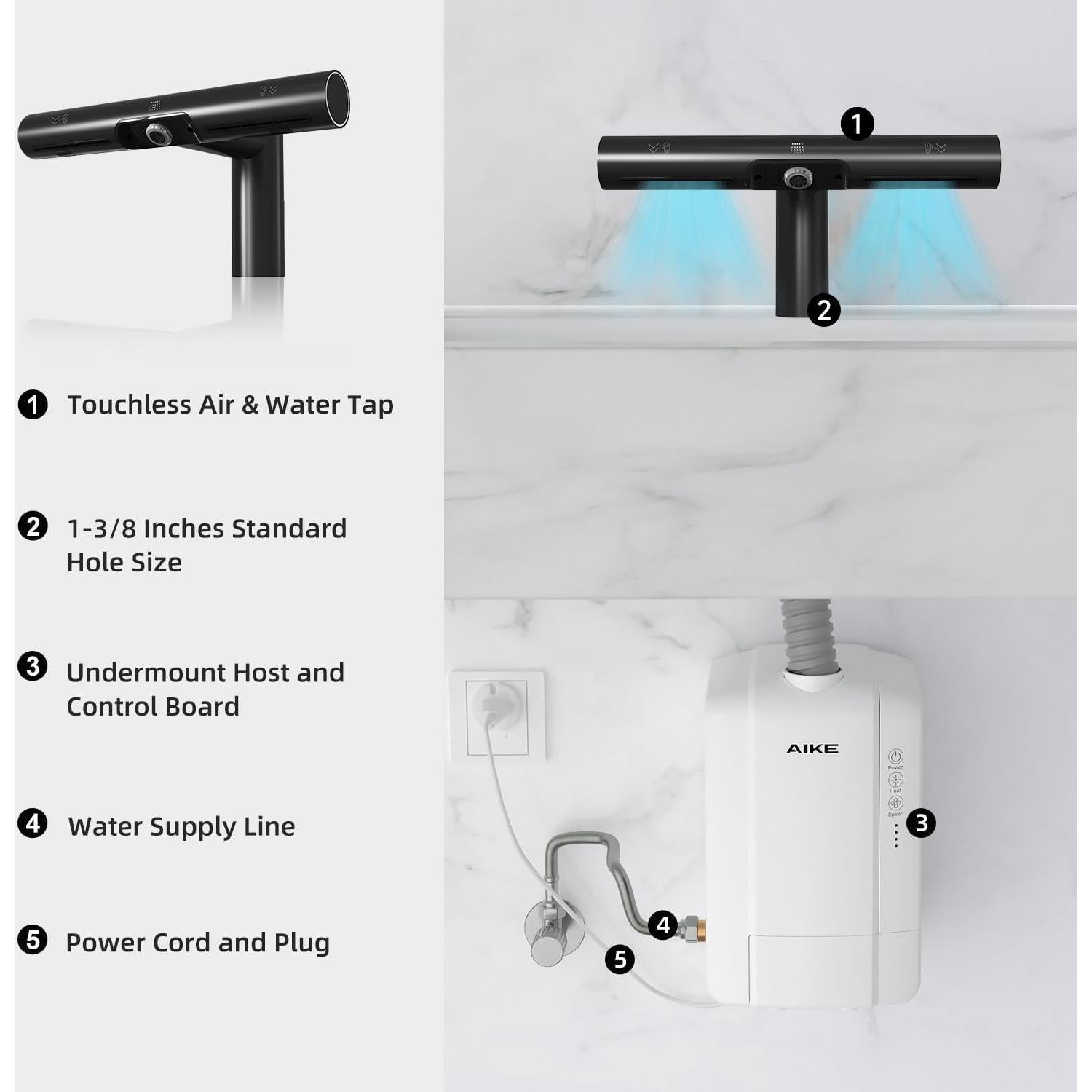 AIKE Air Tap Wash+Dry High Speed Hand Dryer Model AK7120, 110-120V Black