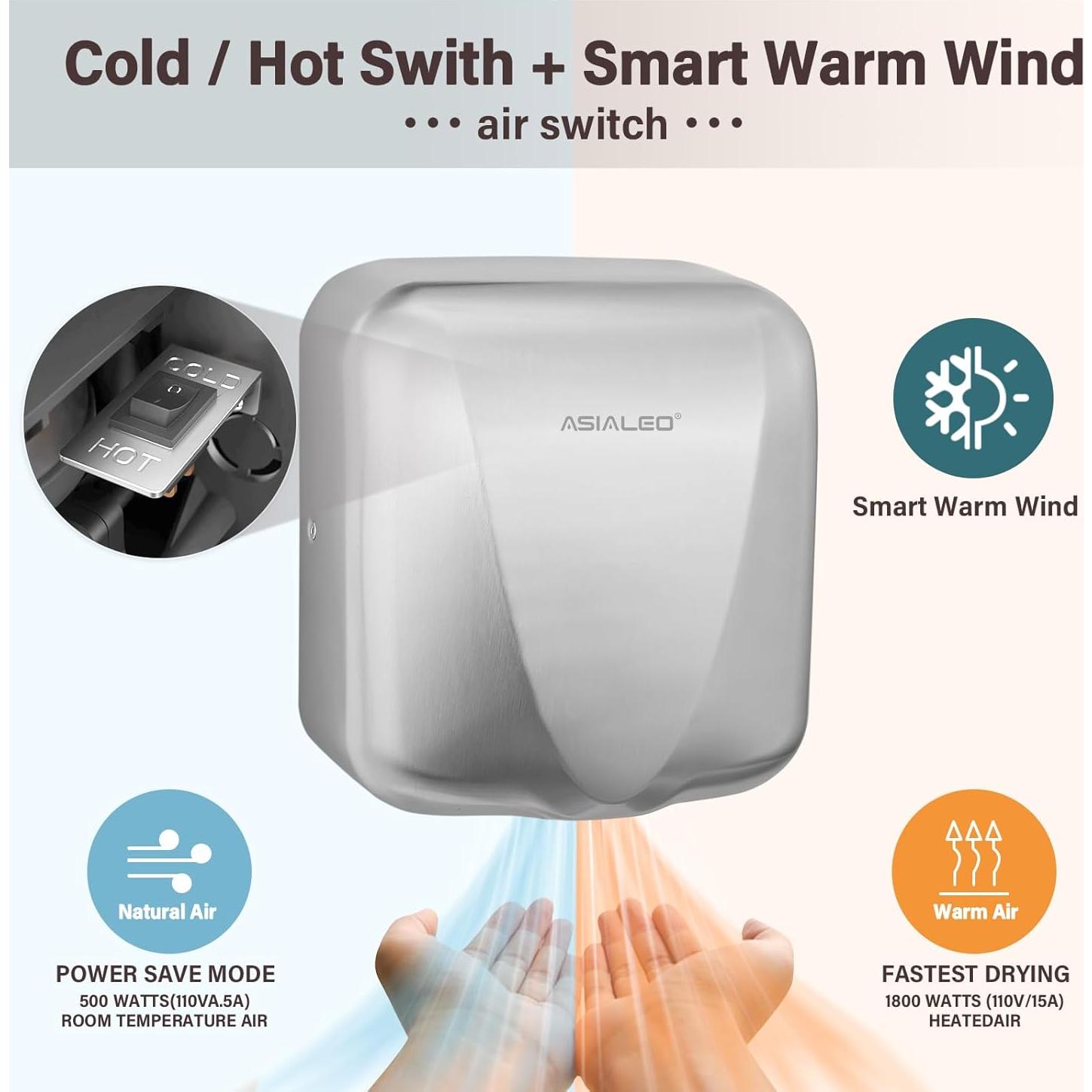 Commercial Hand Dryer,Automatic Electric 1800W High Speed Smart Warm Wind Brushed Stainless Steel Cover Speed/Volume Control HEPA Filter UL Listed Heavy Duty Wall Mount