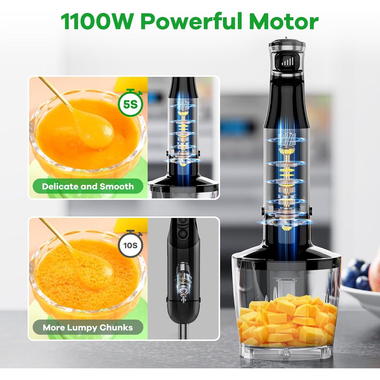 Immersion Blender Handheld Corded Hand Blenders Set 1100W, Trigger Variable Speed 5 in 1 Stick Emulsifier with Chopper, Whisk and Frother for Soup, Baby Food and Smoothies