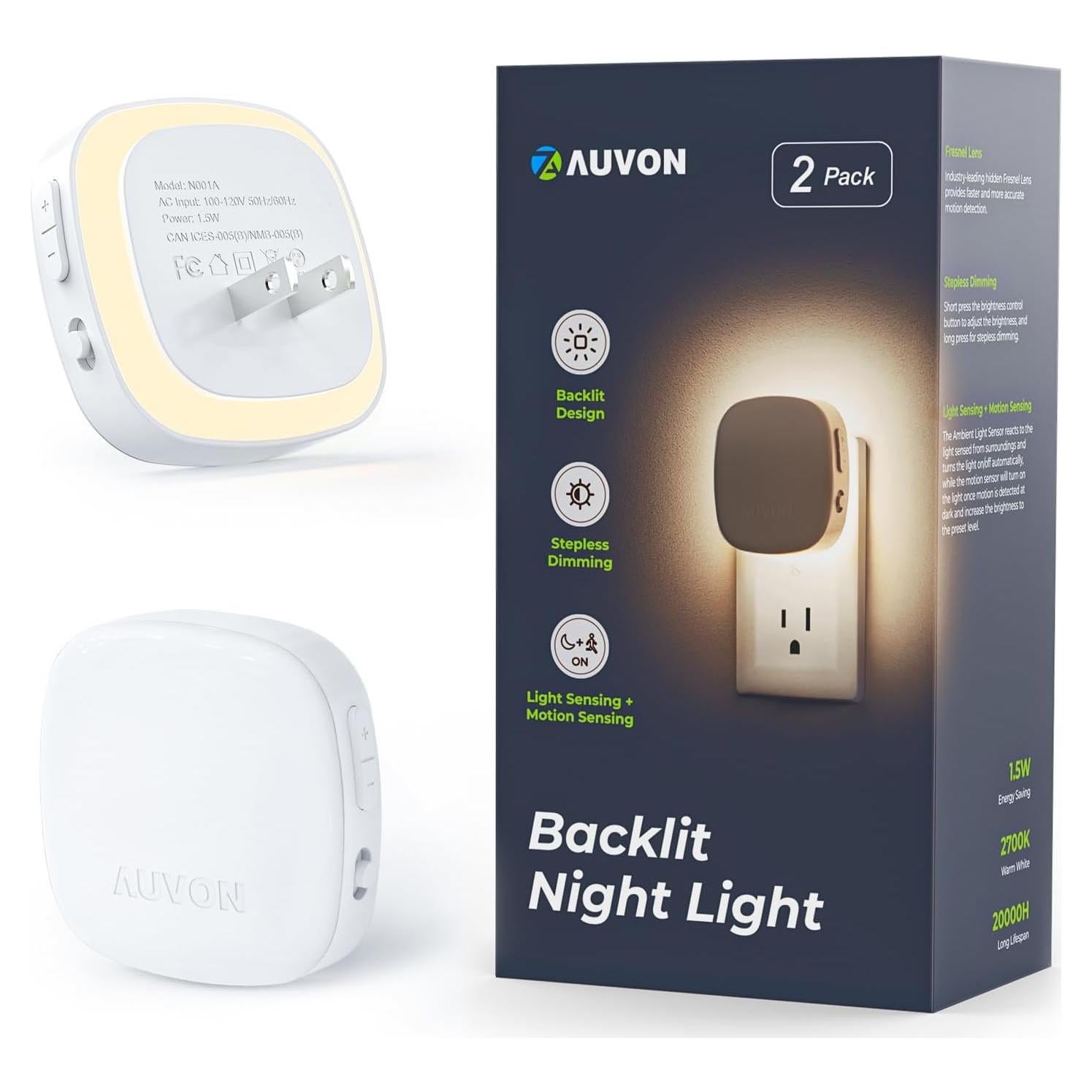 AUVON Luz Nocturna LED con Sensor de Movimiento 2 Pzas