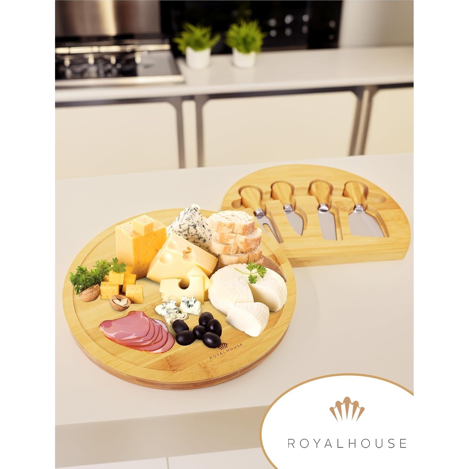 Tablero de Queso Redondo de Bambú RoyalHouse con 4 Cuchillos