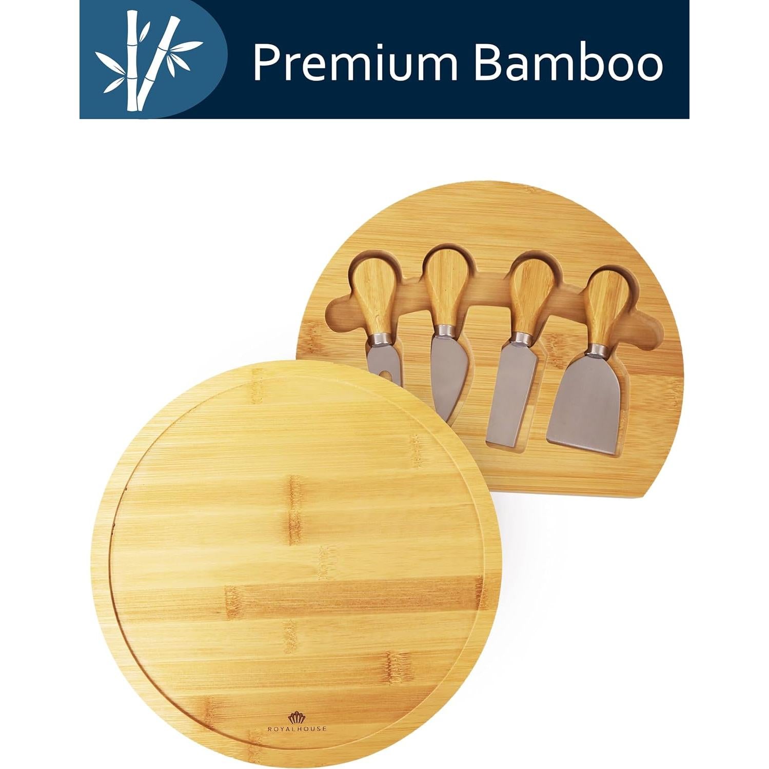Tablero de Queso Redondo de Bambú RoyalHouse con 4 Cuchillos
