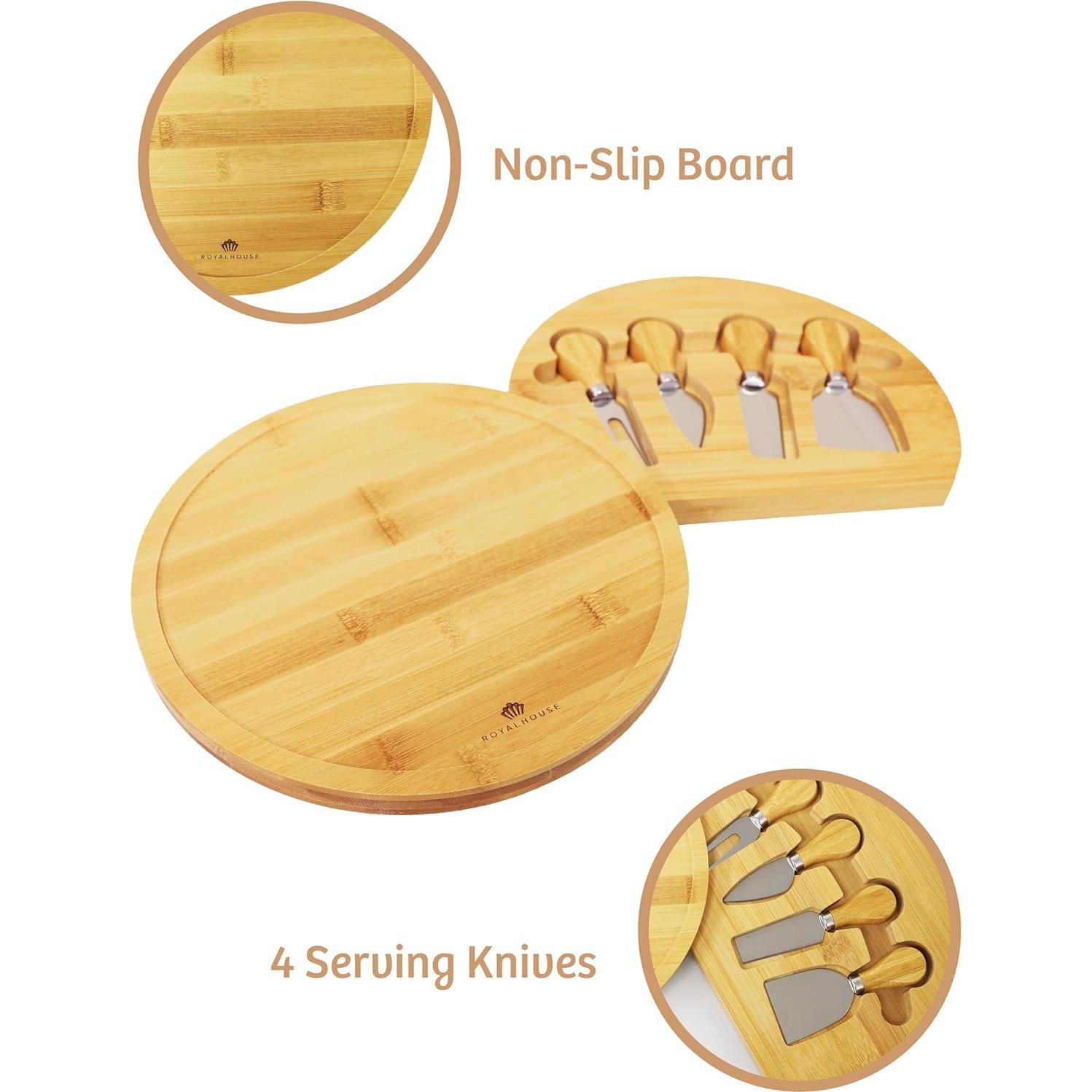 Tablero de Queso Redondo de Bambú RoyalHouse con 4 Cuchillos