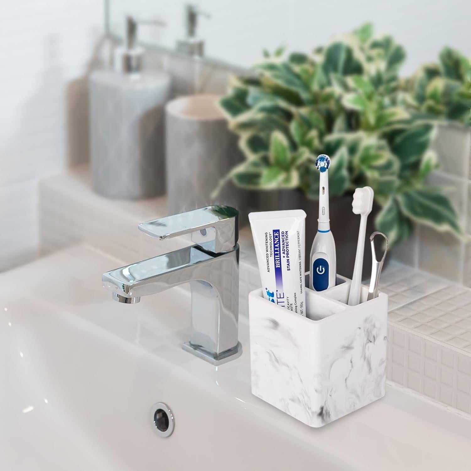 Soporte para Cepillos de Dientes Heagoale Mármol Blanco 3 Compartimentos