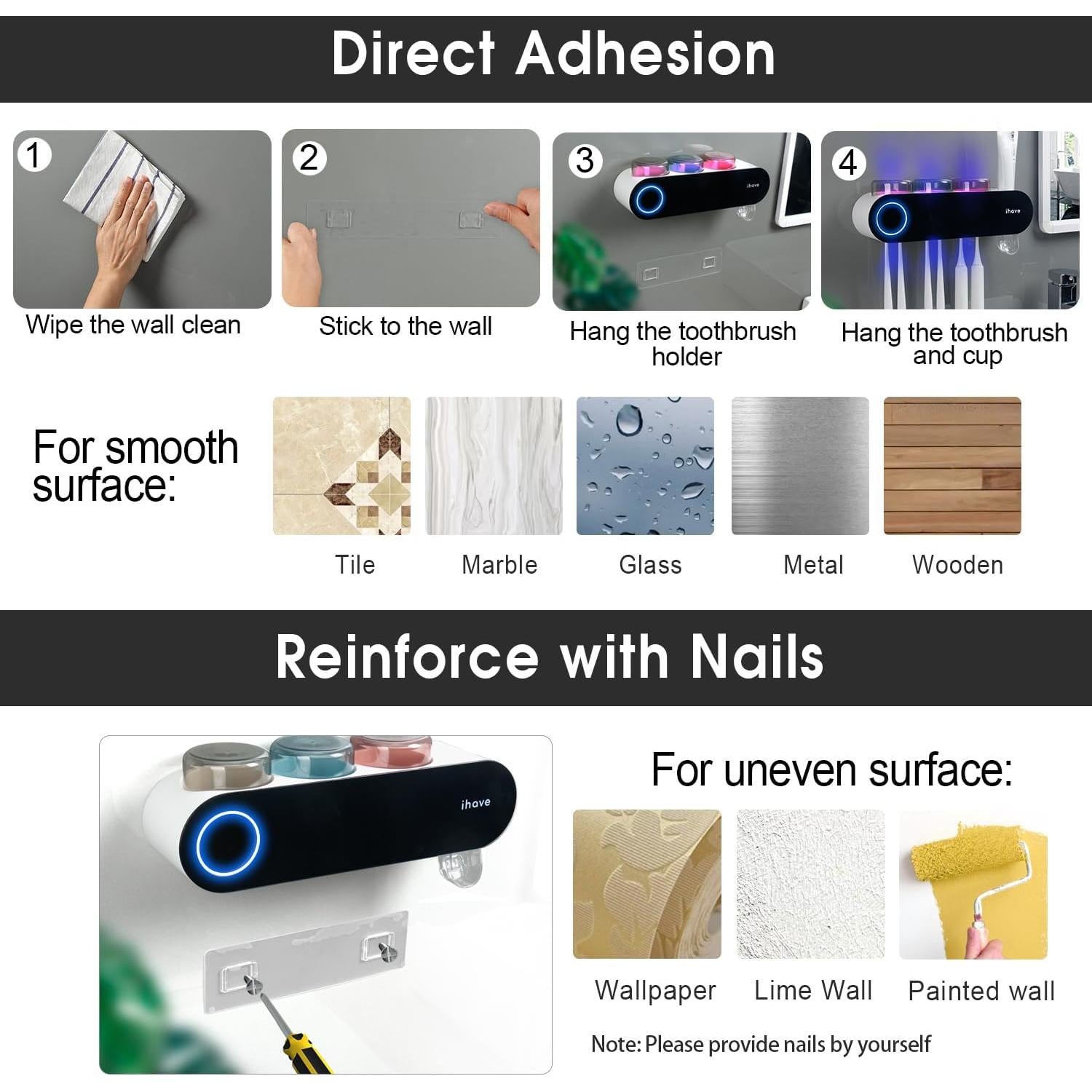 Soporte de Cepillos de Dientes iHave UV Negro 3 Tazas