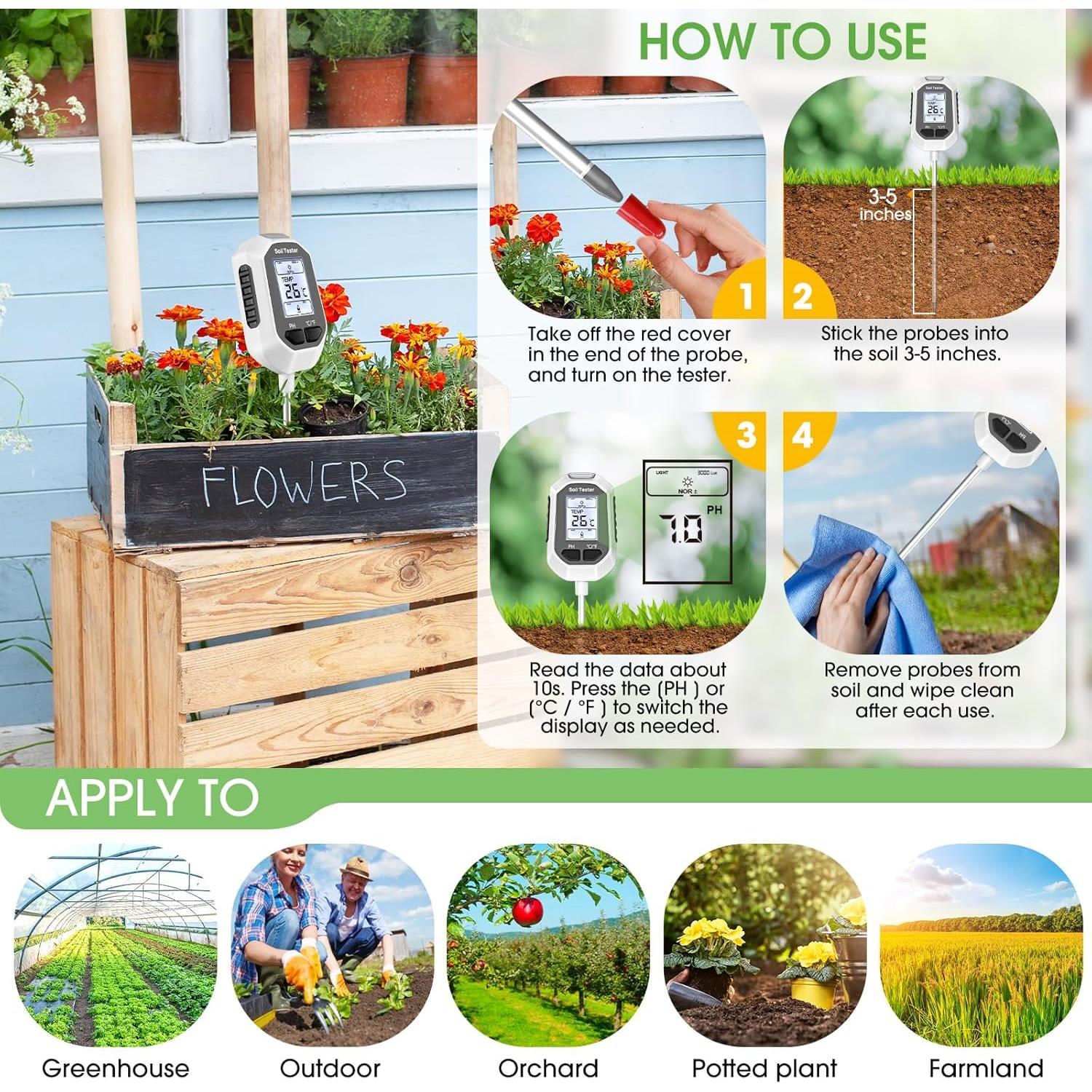 Medidor de humedad del suelo 4 en 1 Cytentech CTY LCD