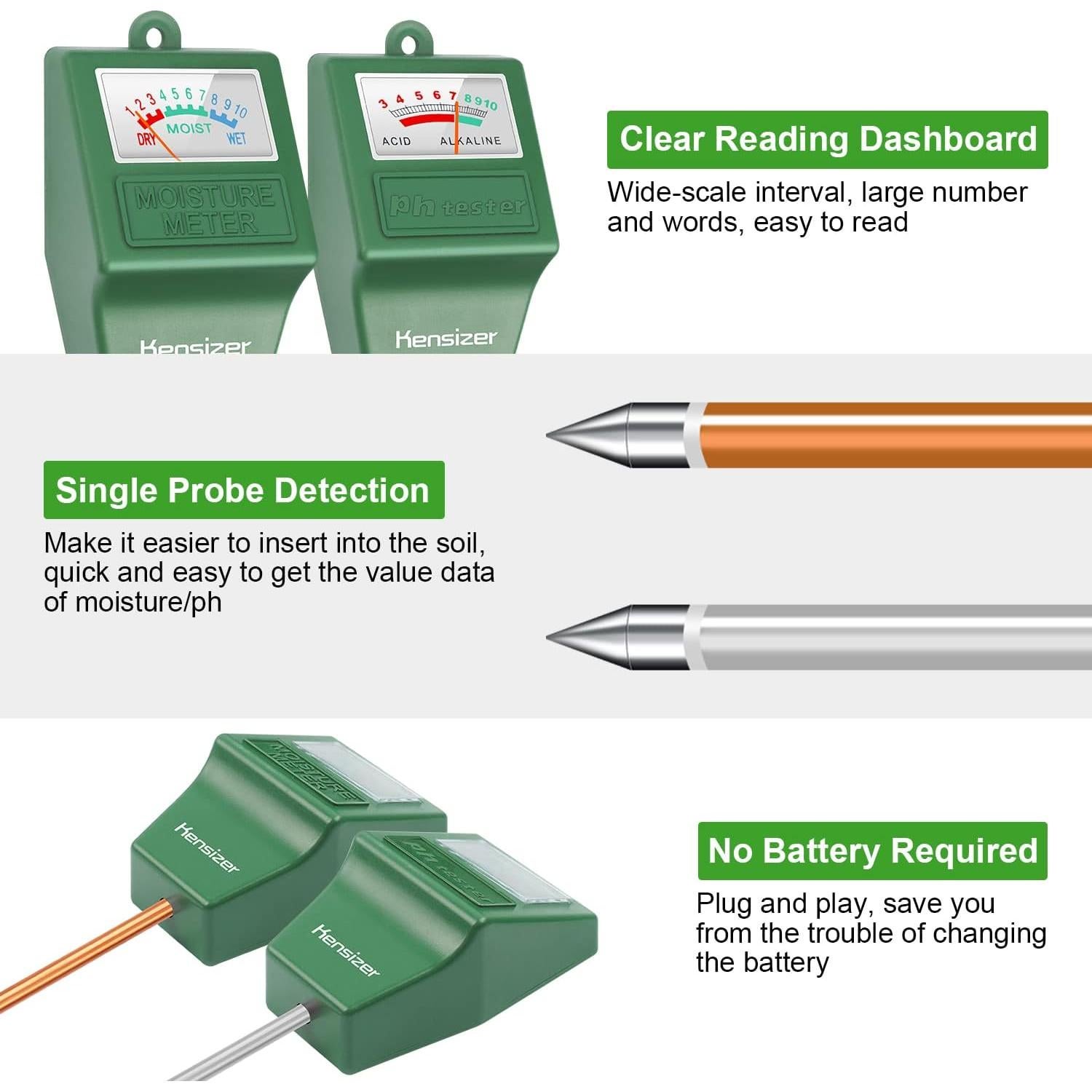 Medidor de Suelo Kensizer Humedad/pH Digital 0,13 kg