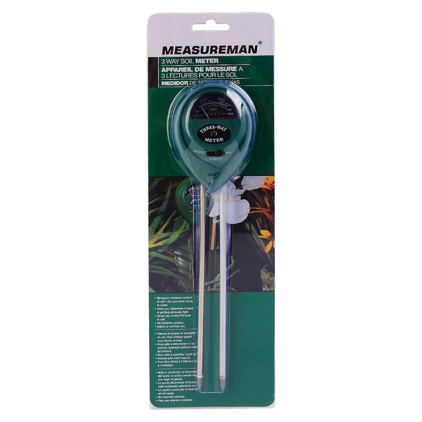 Probador de Suelo 3-en-1 MEASUREMAN pH Humedad Luz 32,9cm