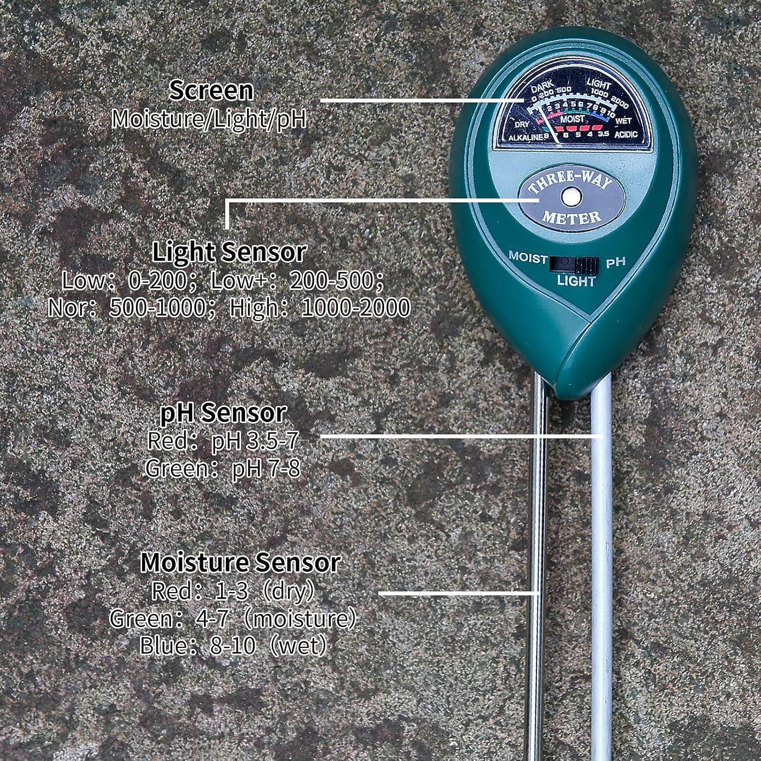 Probador de Suelo 3-en-1 MEASUREMAN pH Humedad Luz 32,9cm