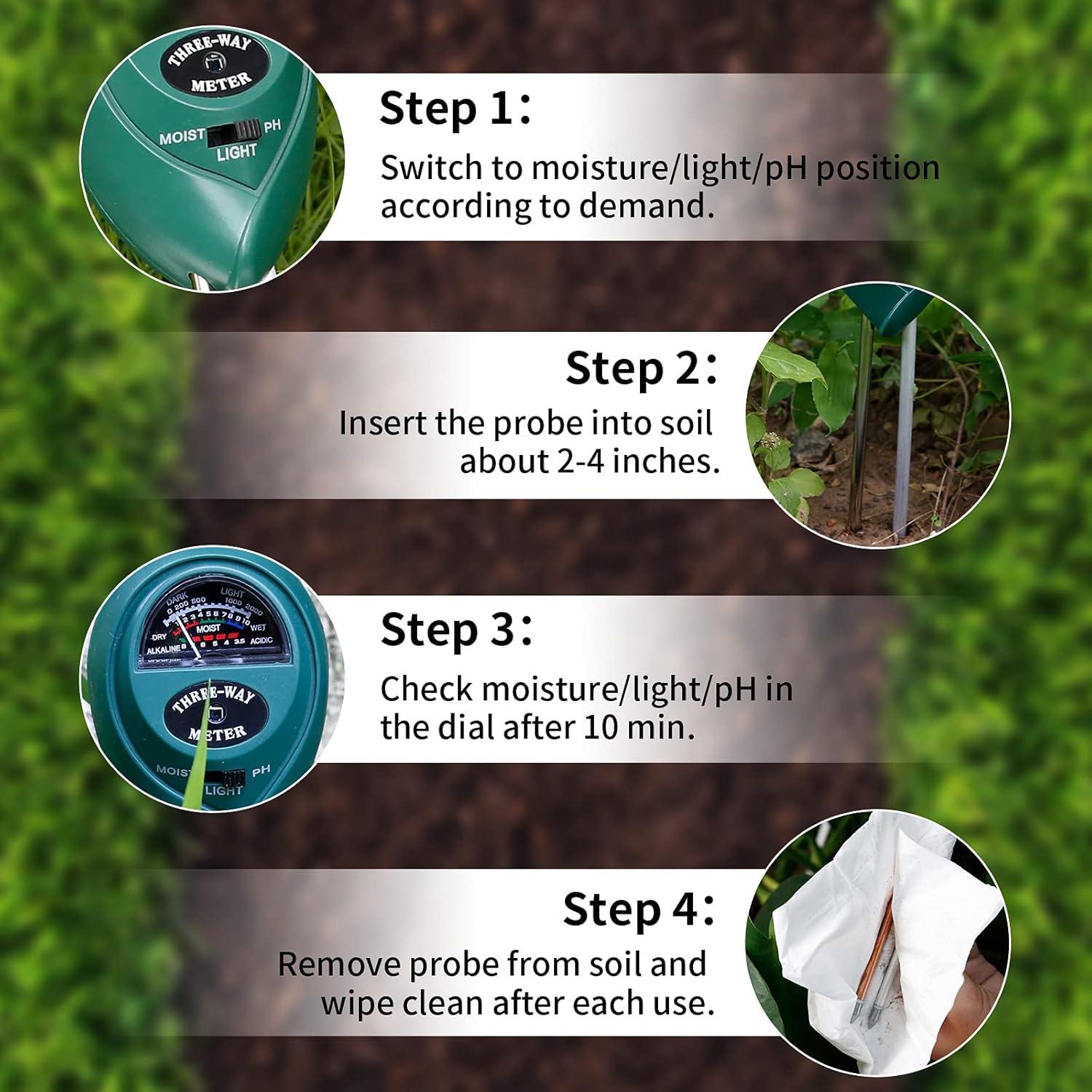 Probador de Suelo 3-en-1 MEASUREMAN pH Humedad Luz 32,9cm