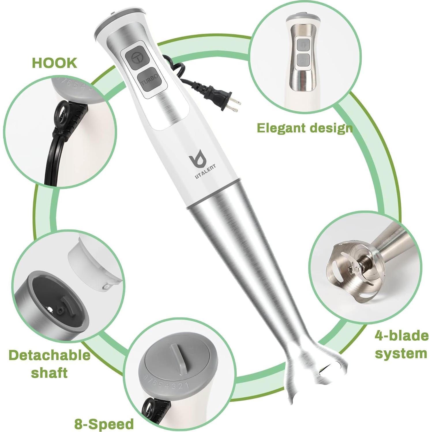 Batidora de Inmersión UTALENT 5-en-1 300W 8 Velocidades - Blanco