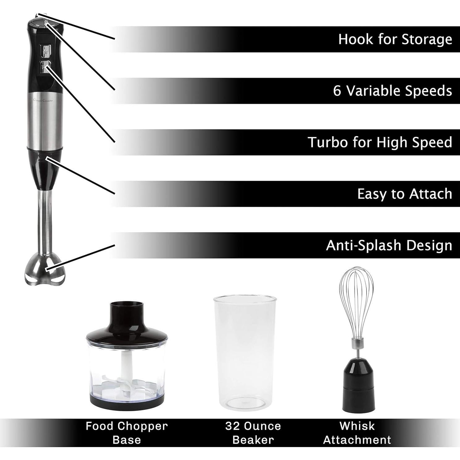 Batidora de Inmersión Clásica Cocina 4 en 1 6 Velocidades 0.95L