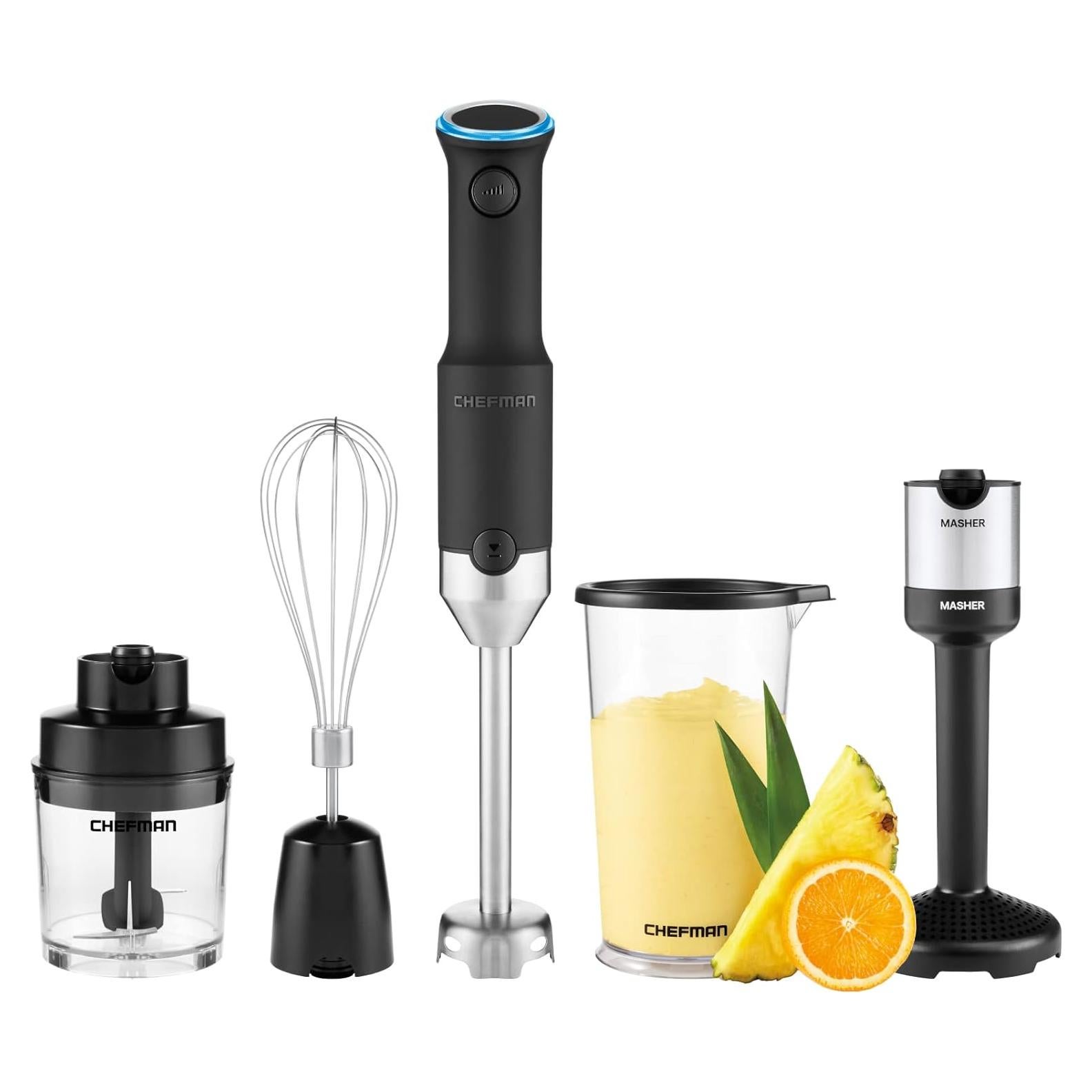 CHEFMAN Cordless Portable Immersion Blender 5-in-1 Blender Set, Ice Crushing Power with One-Touch Speed Control, Comes with Potato Masher, Whisk, Chopper, Beaker, and Storage Case, Stainless Steel