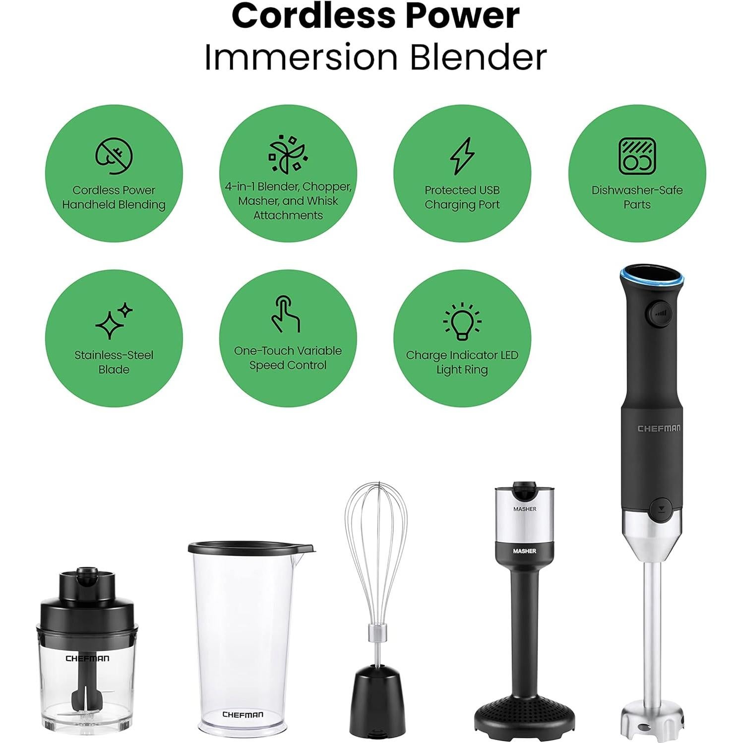 CHEFMAN Cordless Portable Immersion Blender 5-in-1 Blender Set, Ice Crushing Power with One-Touch Speed Control, Comes with Potato Masher, Whisk, Chopper, Beaker, and Storage Case, Stainless Steel