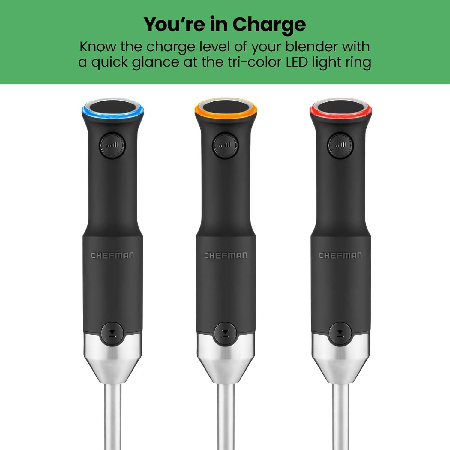 CHEFMAN Cordless Portable Immersion Blender 5-in-1 Blender Set, Ice Crushing Power with One-Touch Speed Control, Comes with Potato Masher, Whisk, Chopper, Beaker, and Storage Case, Stainless Steel