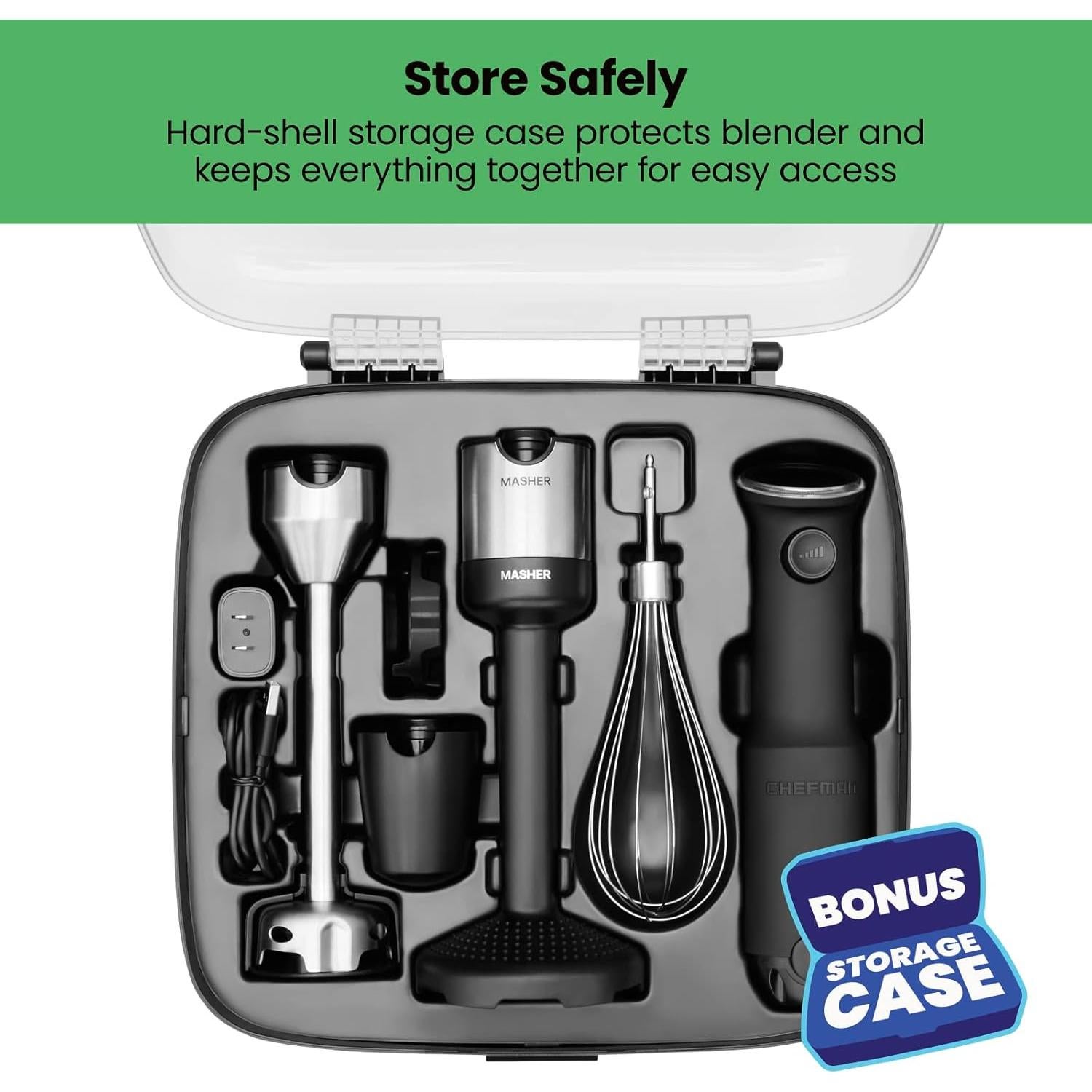 CHEFMAN Cordless Portable Immersion Blender 5-in-1 Blender Set, Ice Crushing Power with One-Touch Speed Control, Comes with Potato Masher, Whisk, Chopper, Beaker, and Storage Case, Stainless Steel