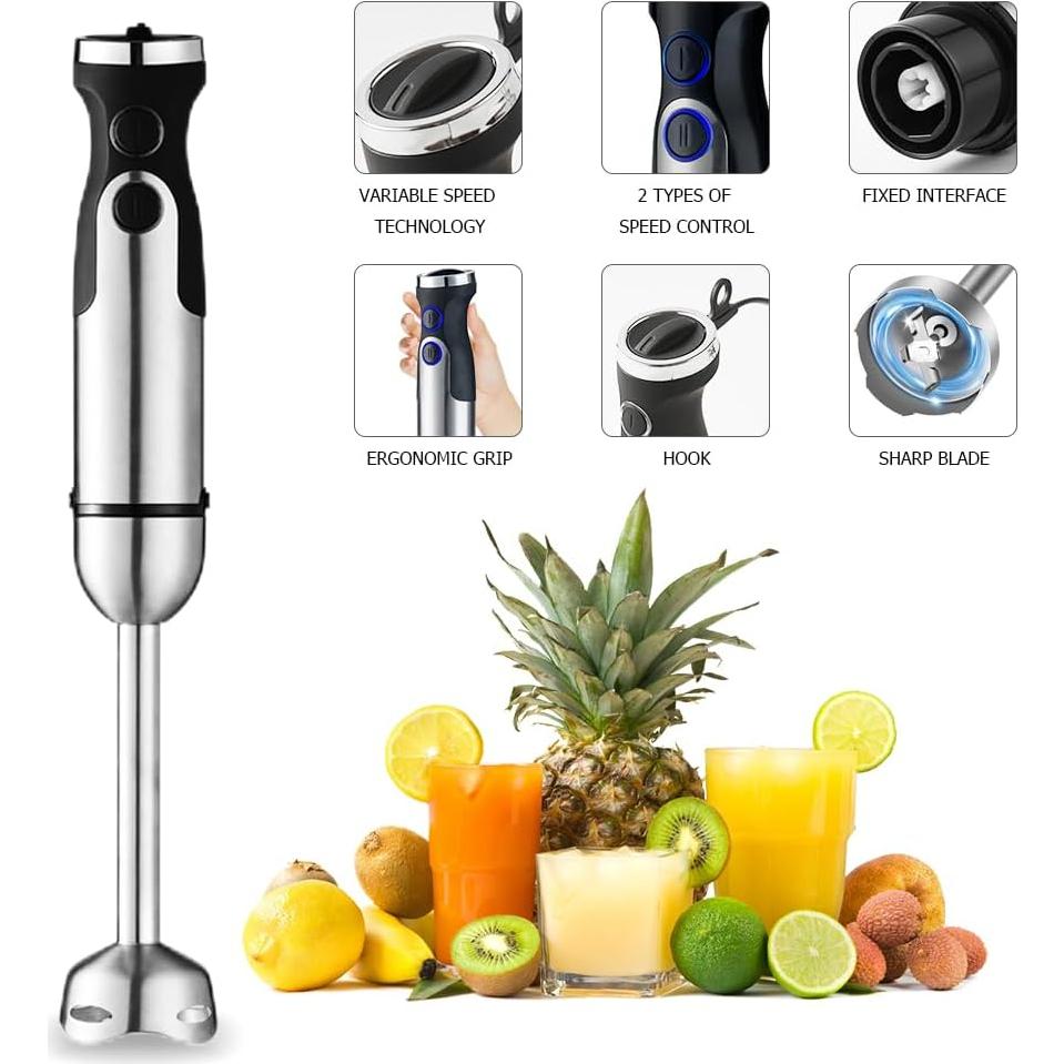 Immersion Hand Blender,Electric Blender, 5 in 1 SS Immersion Blender, 1200W Powerful Hand Stick Mixer Blender with Turbo Mode,with Variable Speed & Chopper, Whisk and Frother, 15.55