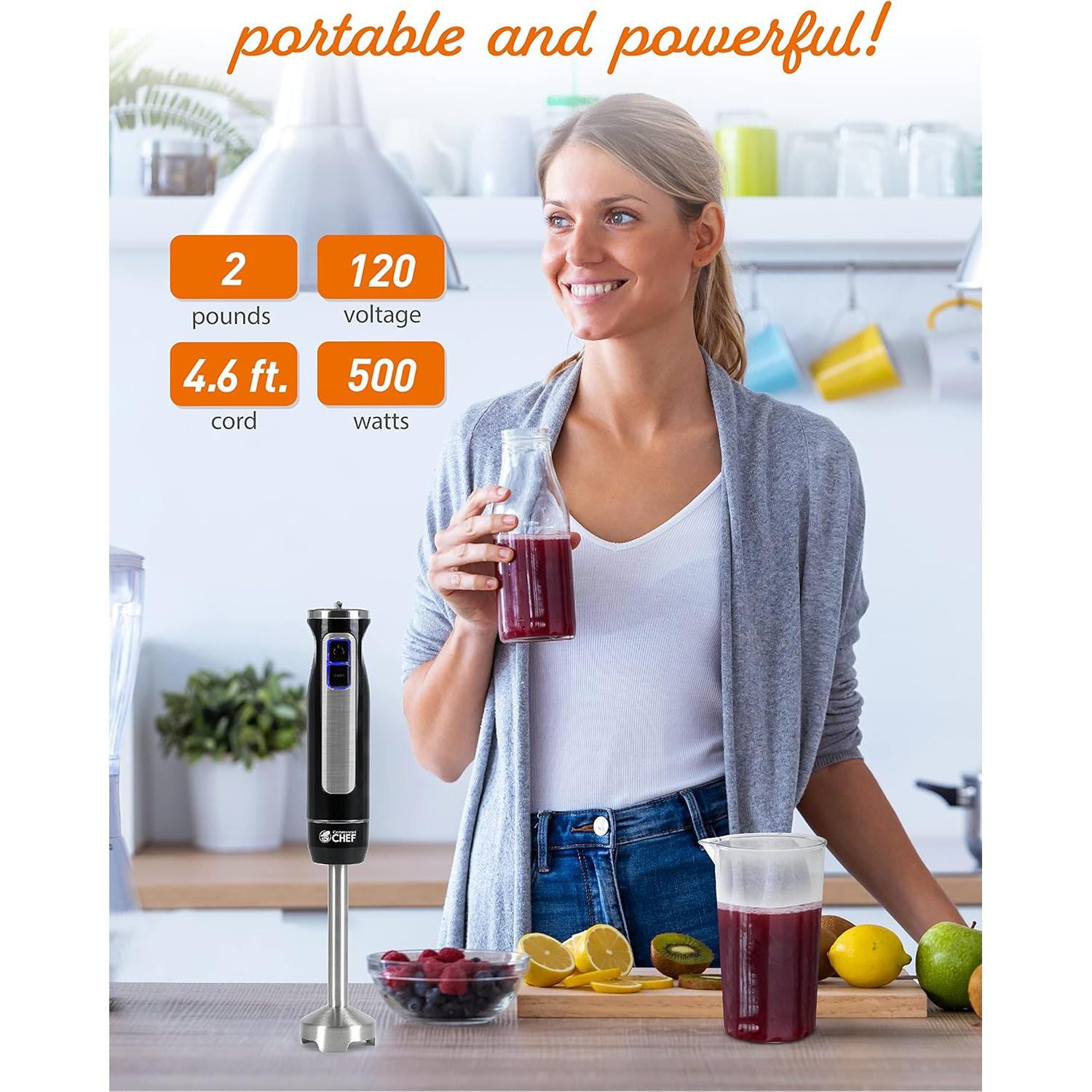 COMMERCIAL CHEF Immersion Blender, Multi-Purpose Immersion Hand Blender with Stainless Steel Blade, Handheld Mixer with 8 Variable Speed Options