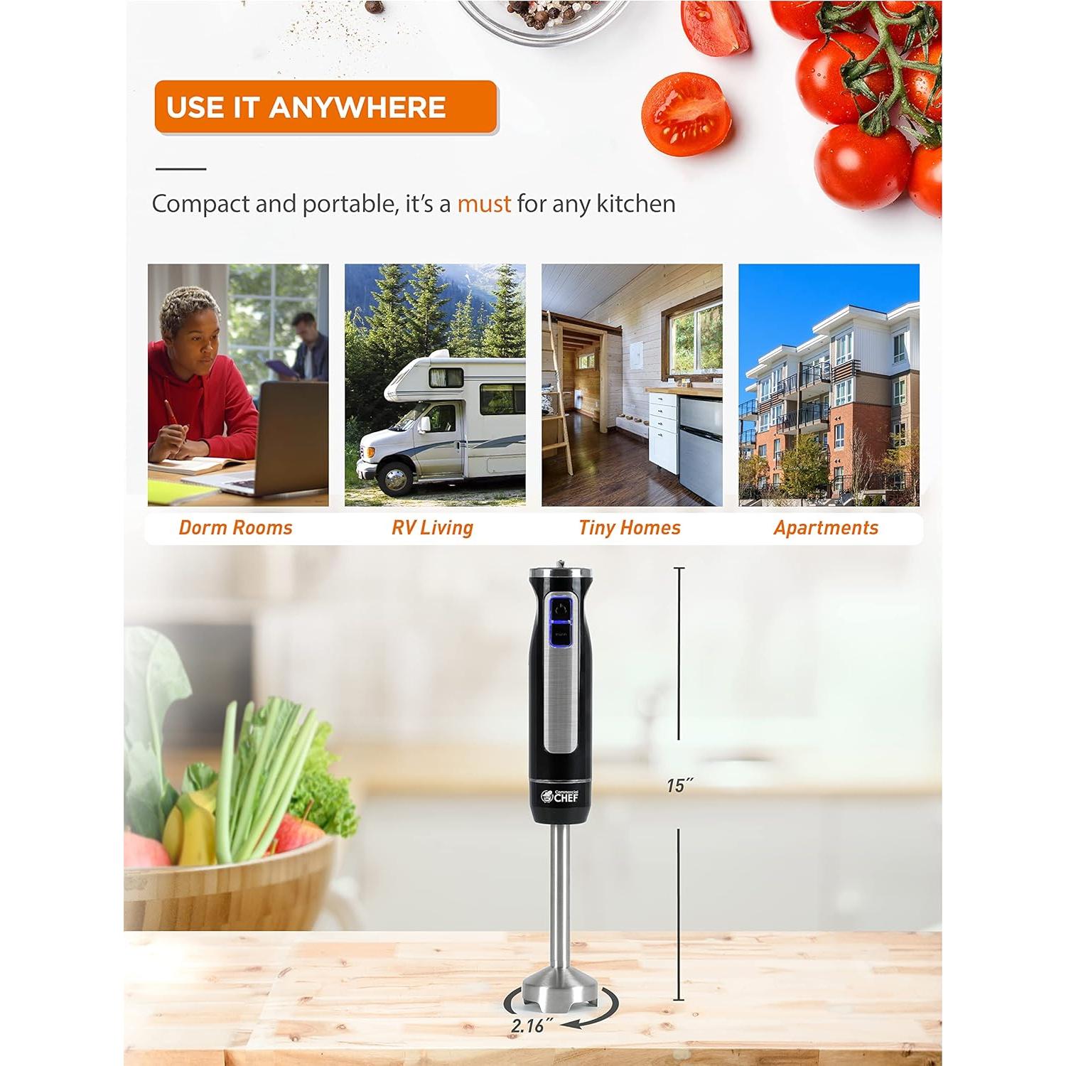 COMMERCIAL CHEF Immersion Blender, Multi-Purpose Immersion Hand Blender with Stainless Steel Blade, Handheld Mixer with 8 Variable Speed Options