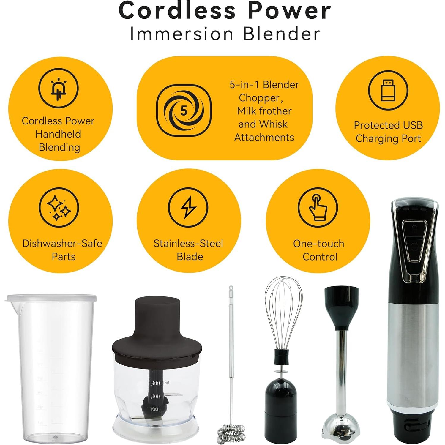Cordless Portable Immersion Blender 5-in-1 Blender Set, Ice Crushing Power with One-Touch Speed Control, Comes with Potato Masher, Whisk, Chopper, Beaker, and Storage Case, Stainless Steel