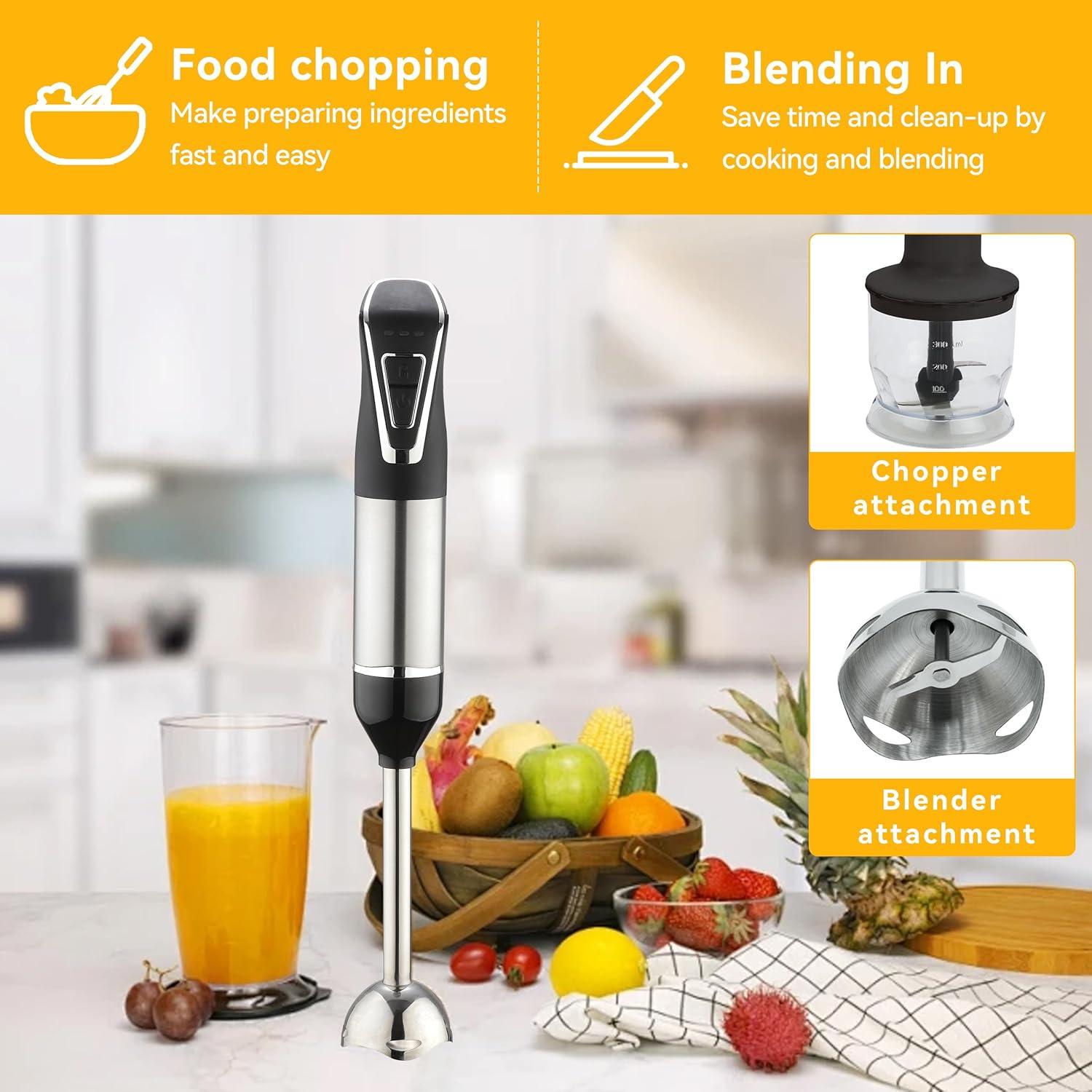 Cordless Portable Immersion Blender 5-in-1 Blender Set, Ice Crushing Power with One-Touch Speed Control, Comes with Potato Masher, Whisk, Chopper, Beaker, and Storage Case, Stainless Steel
