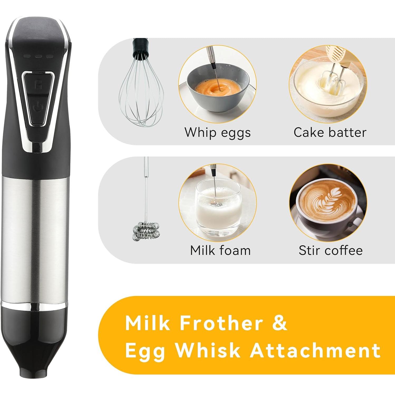 Cordless Portable Immersion Blender 5-in-1 Blender Set, Ice Crushing Power with One-Touch Speed Control, Comes with Potato Masher, Whisk, Chopper, Beaker, and Storage Case, Stainless Steel
