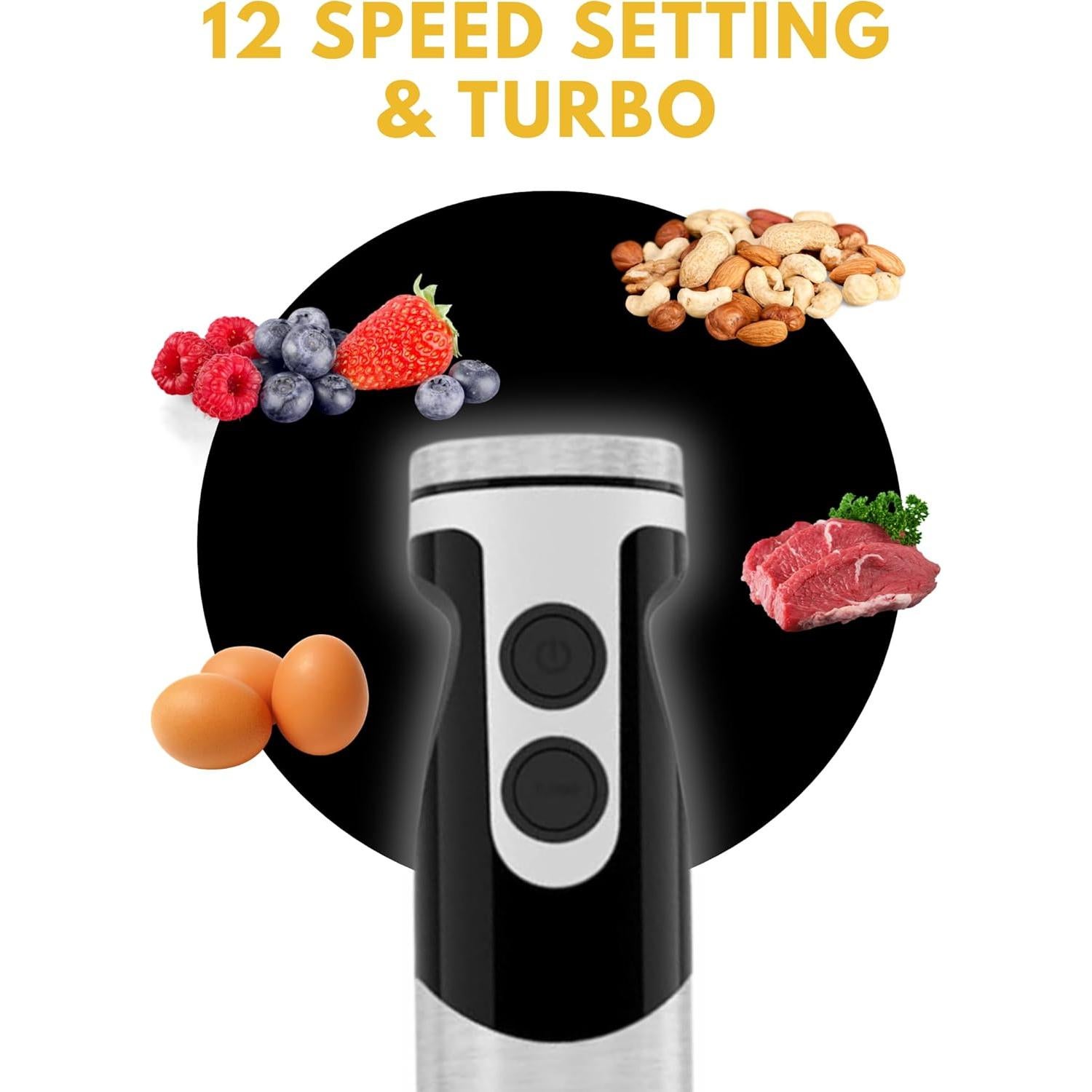 Megawise High-Power Hand Blender – 400W Max Power with Versatile 3-in-1 Attachments (Blending Shaft, Whisk, Chopper); Ergonomic Design with Adjustable Speed Control; Easy to Clean and Maintain (Black)