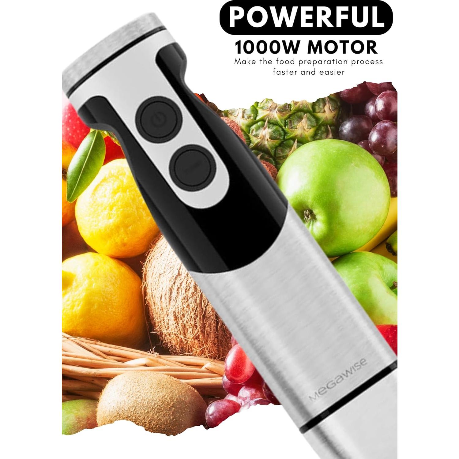 Megawise High-Power Hand Blender – 400W Max Power with Versatile 3-in-1 Attachments (Blending Shaft, Whisk, Chopper); Ergonomic Design with Adjustable Speed Control; Easy to Clean and Maintain (Black)