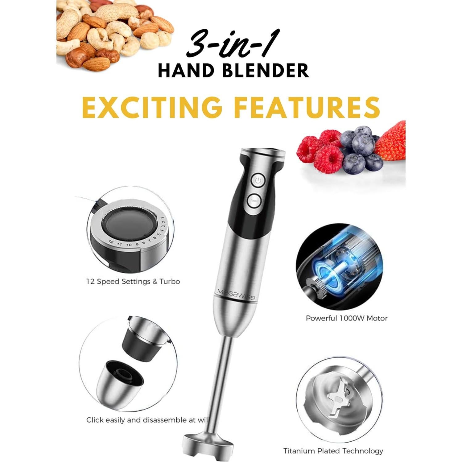 Megawise High-Power Hand Blender – 400W Max Power with Versatile 3-in-1 Attachments (Blending Shaft, Whisk, Chopper); Ergonomic Design with Adjustable Speed Control; Easy to Clean and Maintain (Black)