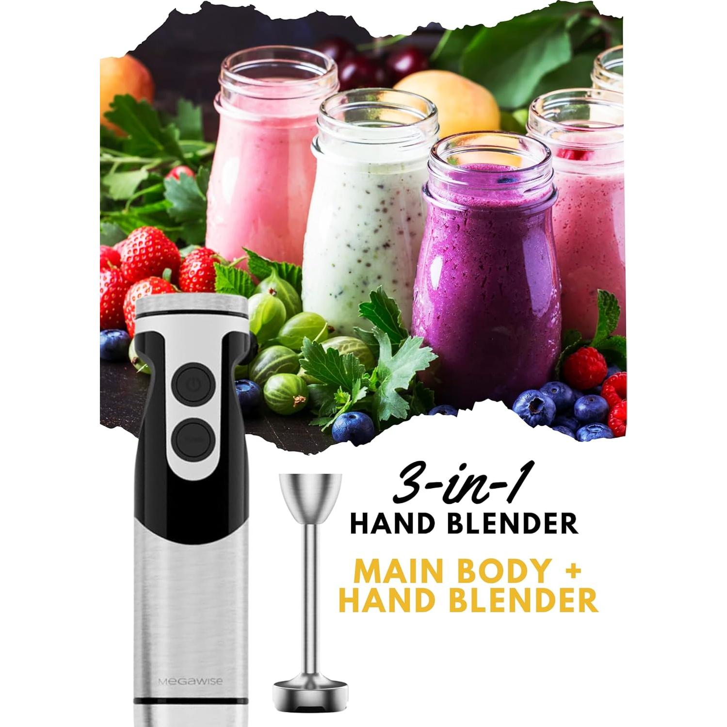 Megawise High-Power Hand Blender – 400W Max Power with Versatile 3-in-1 Attachments (Blending Shaft, Whisk, Chopper); Ergonomic Design with Adjustable Speed Control; Easy to Clean and Maintain (Black)