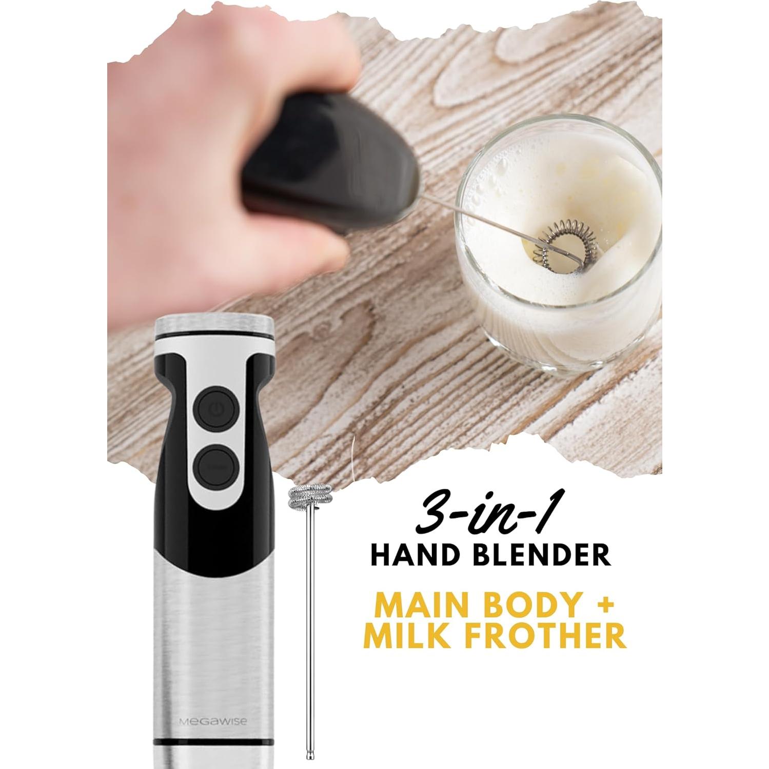 Megawise High-Power Hand Blender – 400W Max Power with Versatile 3-in-1 Attachments (Blending Shaft, Whisk, Chopper); Ergonomic Design with Adjustable Speed Control; Easy to Clean and Maintain (Black)