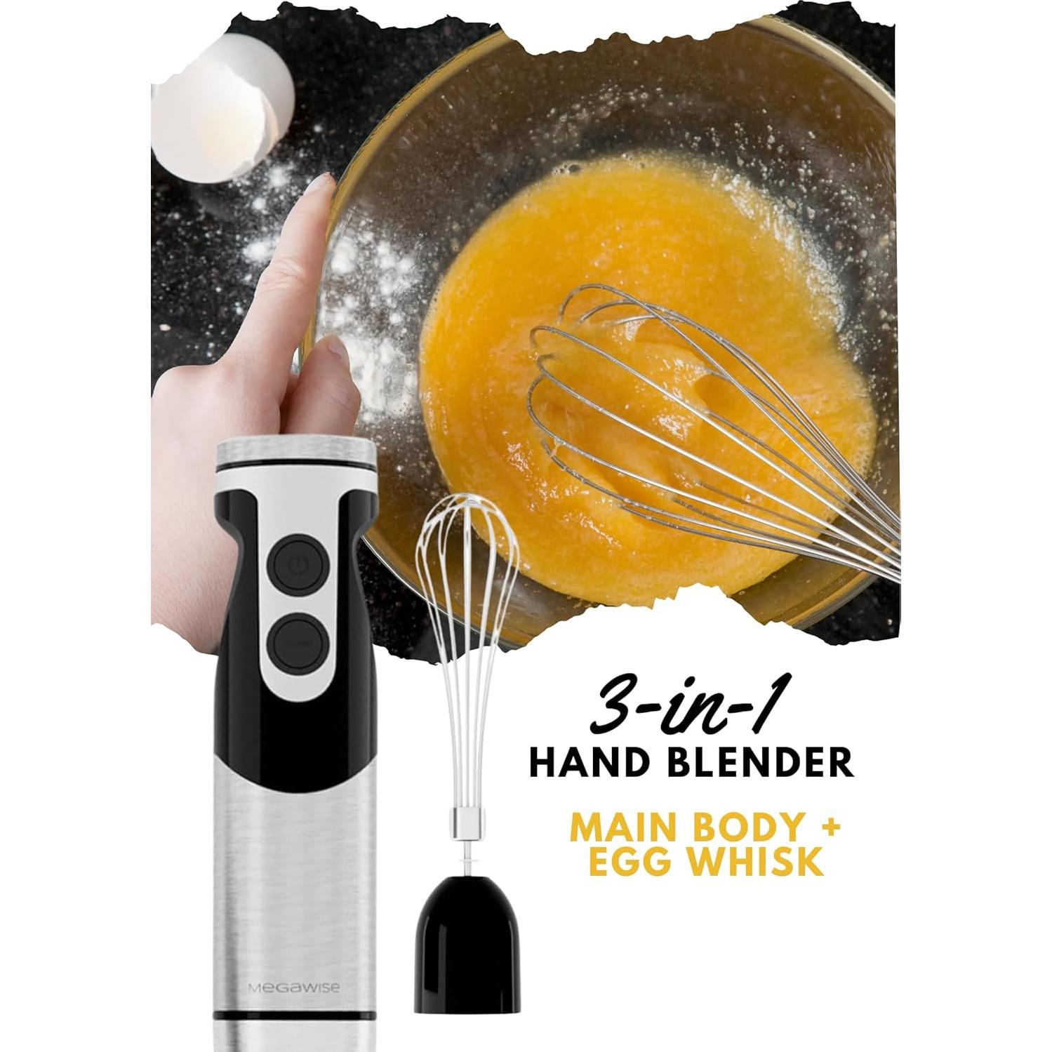 Megawise High-Power Hand Blender – 400W Max Power with Versatile 3-in-1 Attachments (Blending Shaft, Whisk, Chopper); Ergonomic Design with Adjustable Speed Control; Easy to Clean and Maintain (Black)