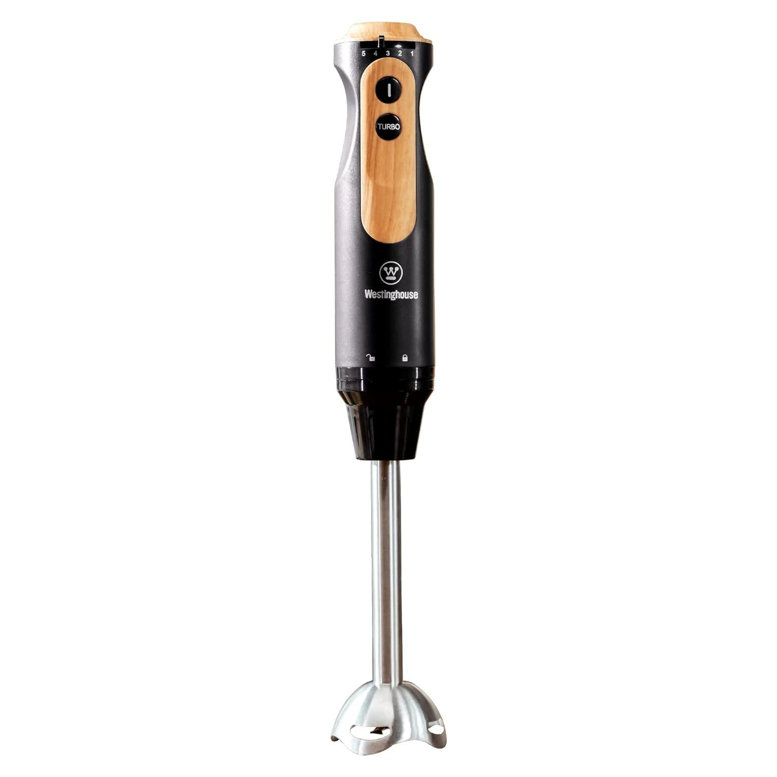 Westinghouse Scandinavian Design Immersion Blender, 500W w/ 5-Speed Precision Control, Turbo Mode, & Detachable Shaft - For Shakes, Smoothies, Soups, Puree, & More - Black w/Wood Finish, One Size
