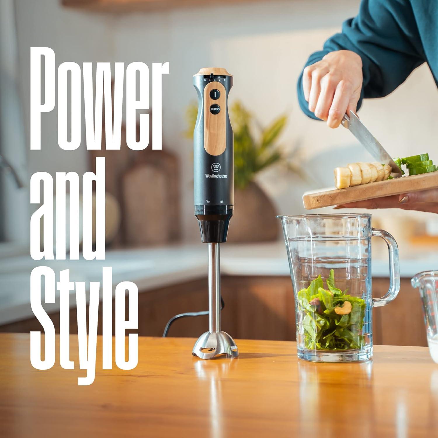 Westinghouse Scandinavian Design Immersion Blender, 500W w/ 5-Speed Precision Control, Turbo Mode, & Detachable Shaft - For Shakes, Smoothies, Soups, Puree, & More - Black w/Wood Finish, One Size