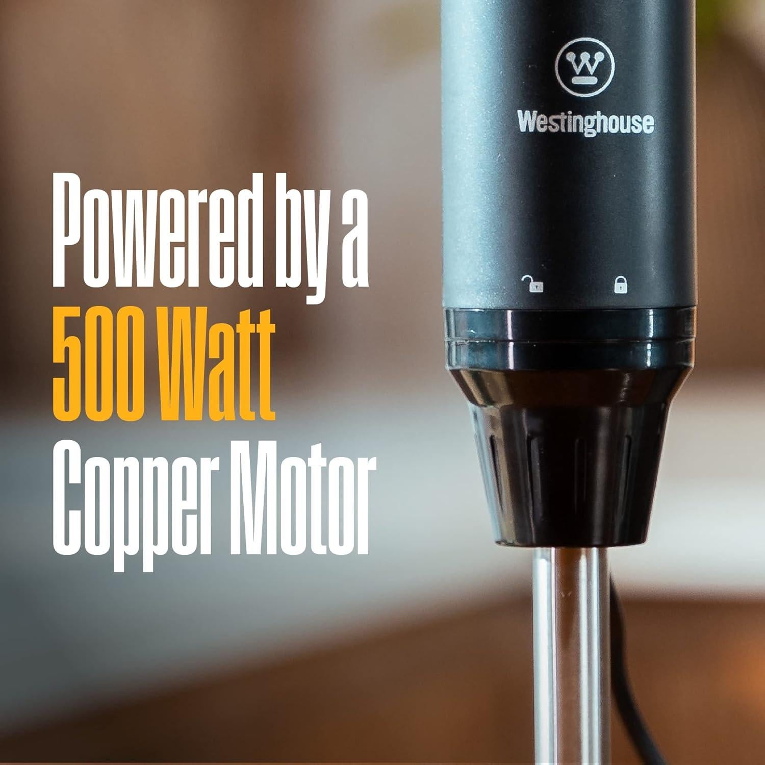 Westinghouse Scandinavian Design Immersion Blender, 500W w/ 5-Speed Precision Control, Turbo Mode, & Detachable Shaft - For Shakes, Smoothies, Soups, Puree, & More - Black w/Wood Finish, One Size