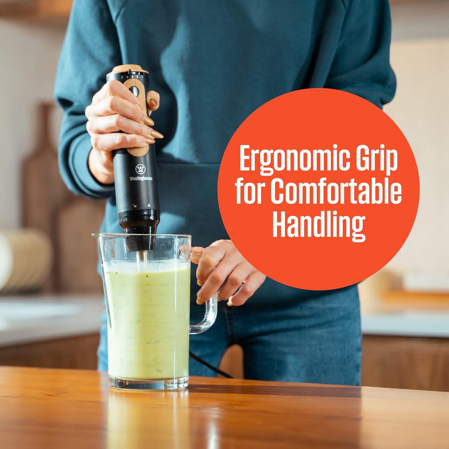 Westinghouse Scandinavian Design Immersion Blender, 500W w/ 5-Speed Precision Control, Turbo Mode, & Detachable Shaft - For Shakes, Smoothies, Soups, Puree, & More - Black w/Wood Finish, One Size