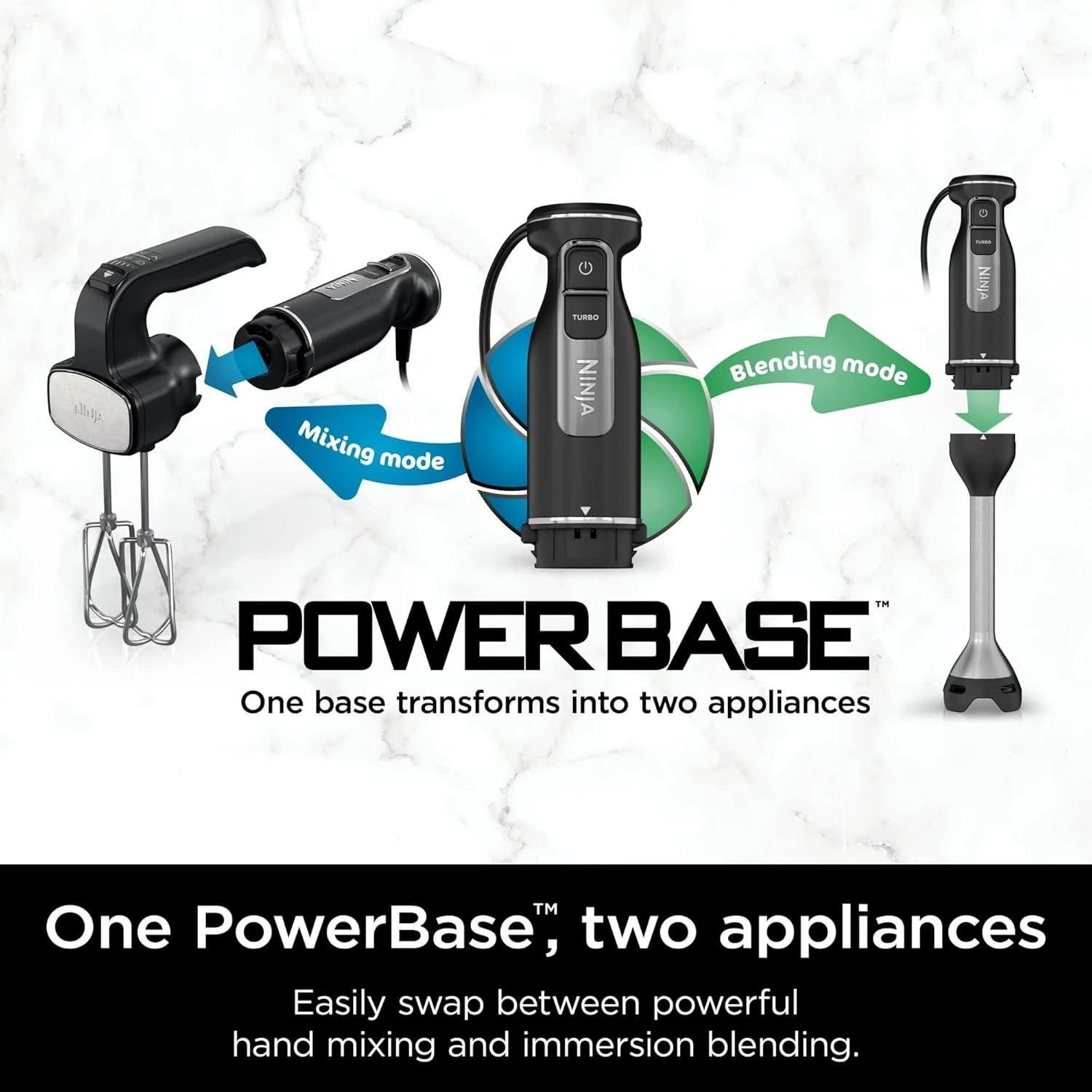 Ninja CI100 Foodi Power Mixer System, 750-Peak-Watt Immersion Blender and Hand Mixer, EasyGlide Beaters, Whisk, Black (Renewed)